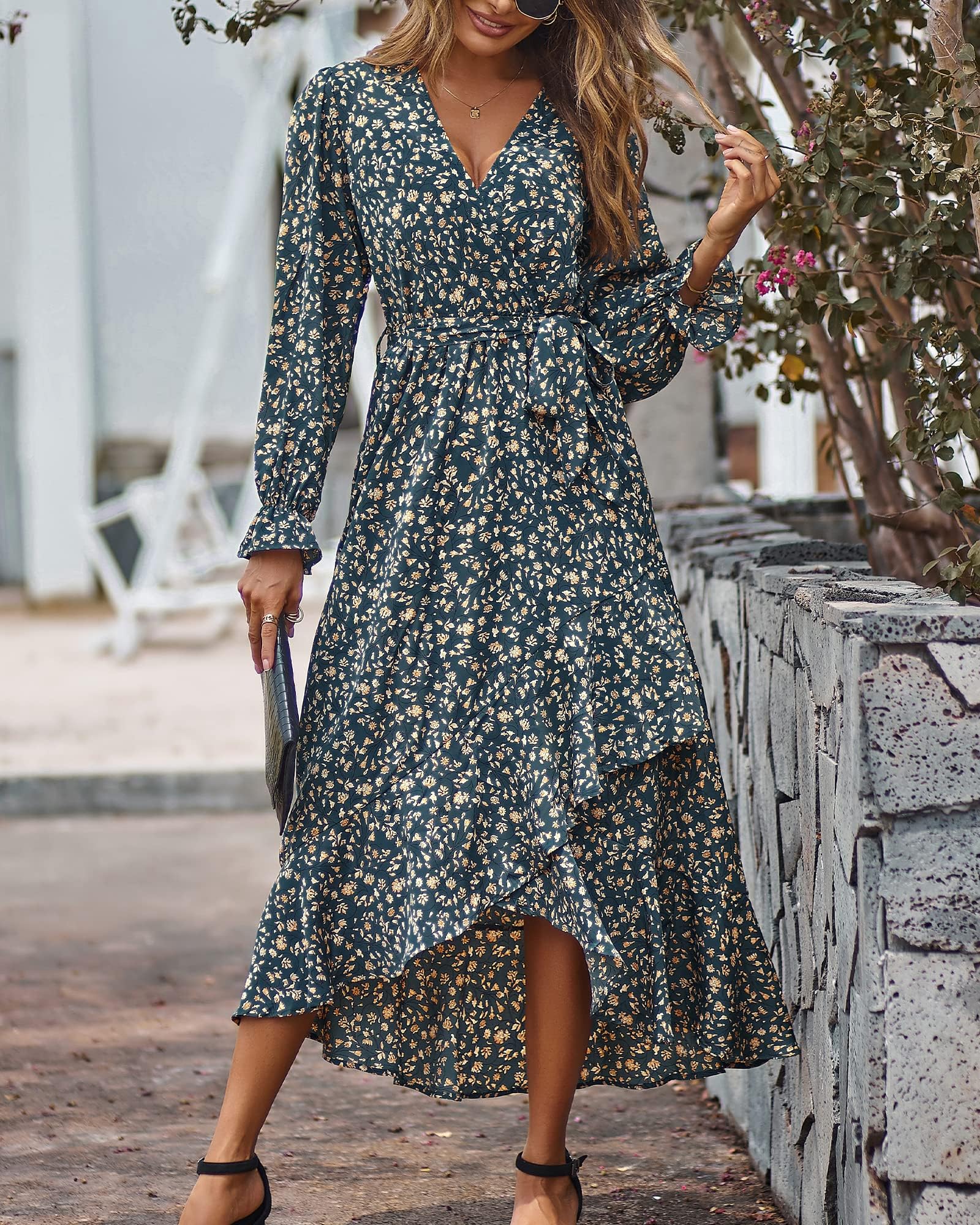 BTFBM Womens Dresses Summer V Neck Floral High Waist Ruffle Wedding Guest Cocktail Boho Spring Long Sleeve Dress