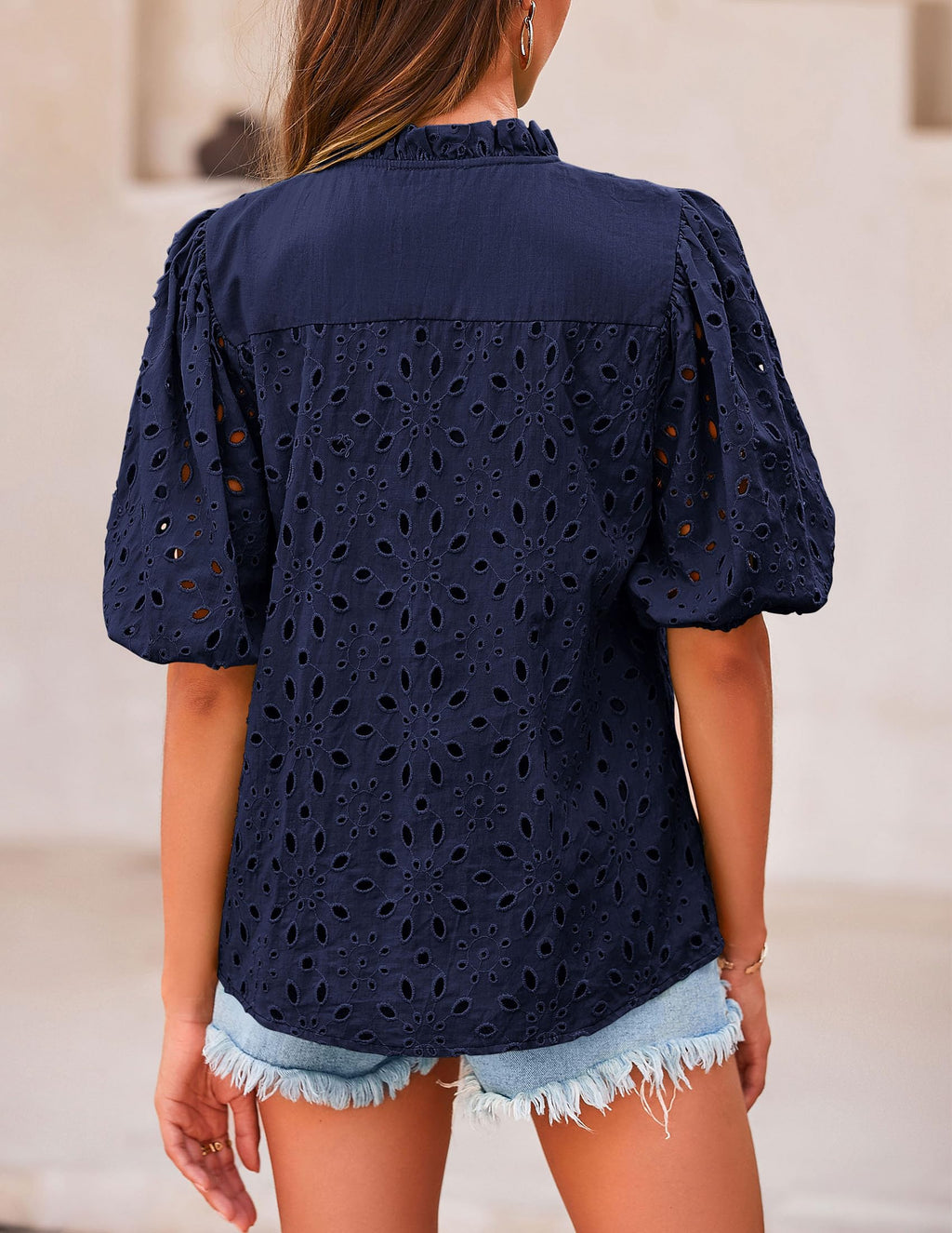 PRETTYGARDEN Women's Summer Tops Dressy Casual Short Sleeve V Neck Buttons Hollow Out Lace Embroidered Blouses Shirts