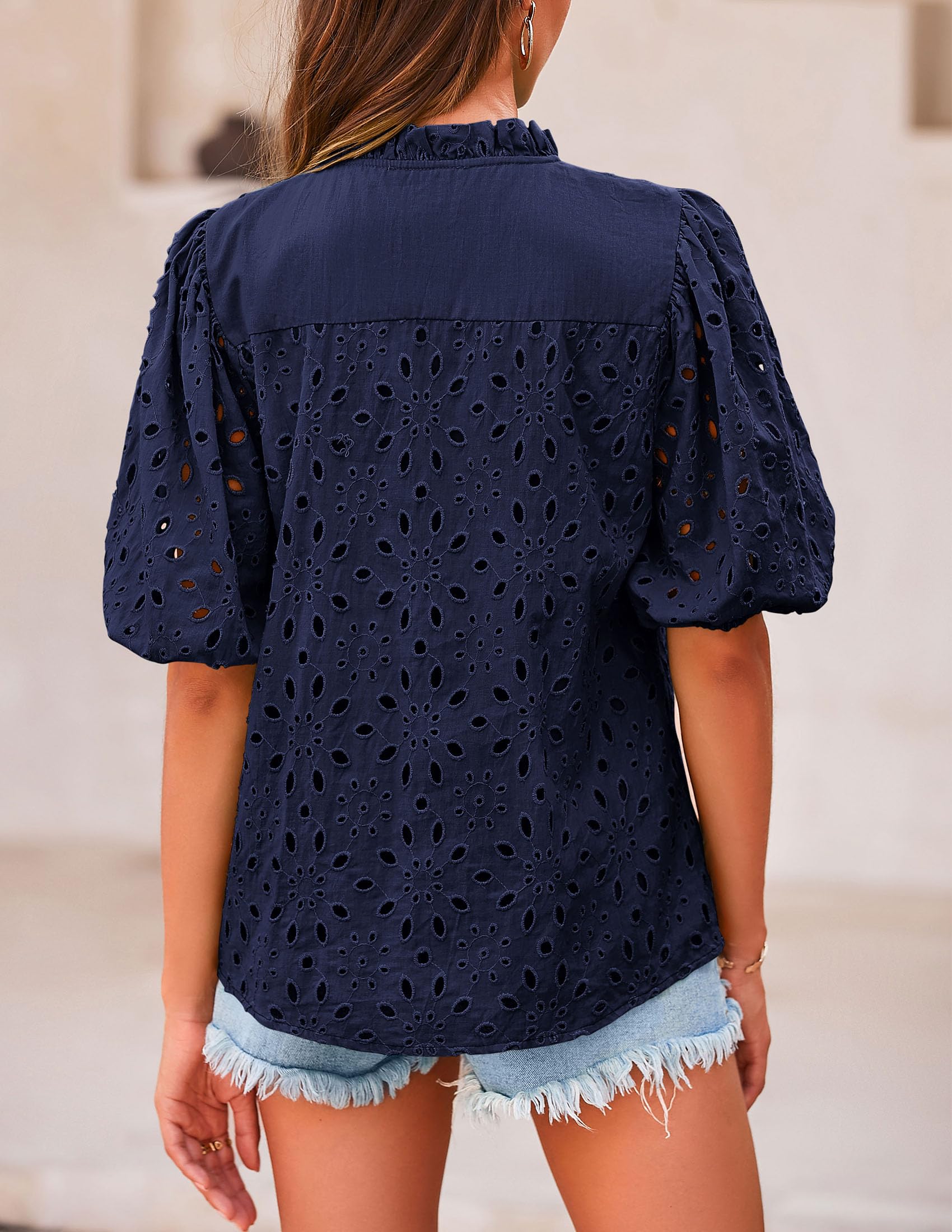 PRETTYGARDEN Women's Summer Tops Dressy Casual Short Sleeve V Neck Buttons Hollow Out Lace Embroidered Blouses Shirts