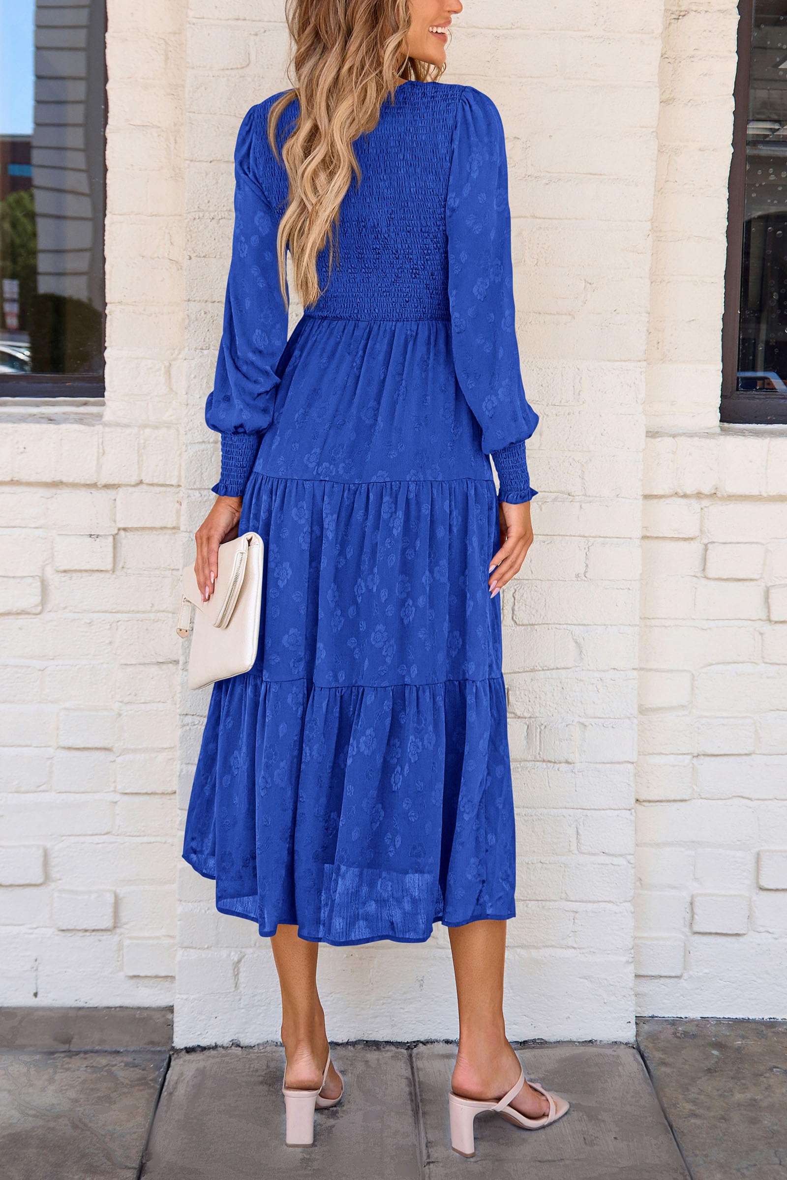 PRETTYGARDEN Women's Fall Spring Midi Dress Long Sleeve Floral Smocked Elegant Wedding Guest Long Flowy Dresses with Pockets