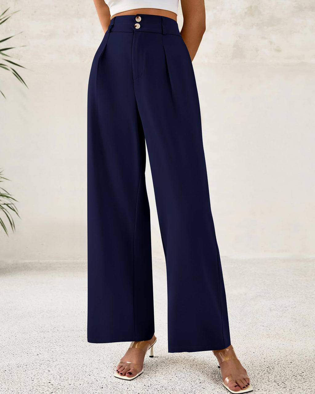 BTFBM Women Wide Leg Dress Pants High Waisted Button Pleated Business Casual Trousers Office Work Palazzo Pants