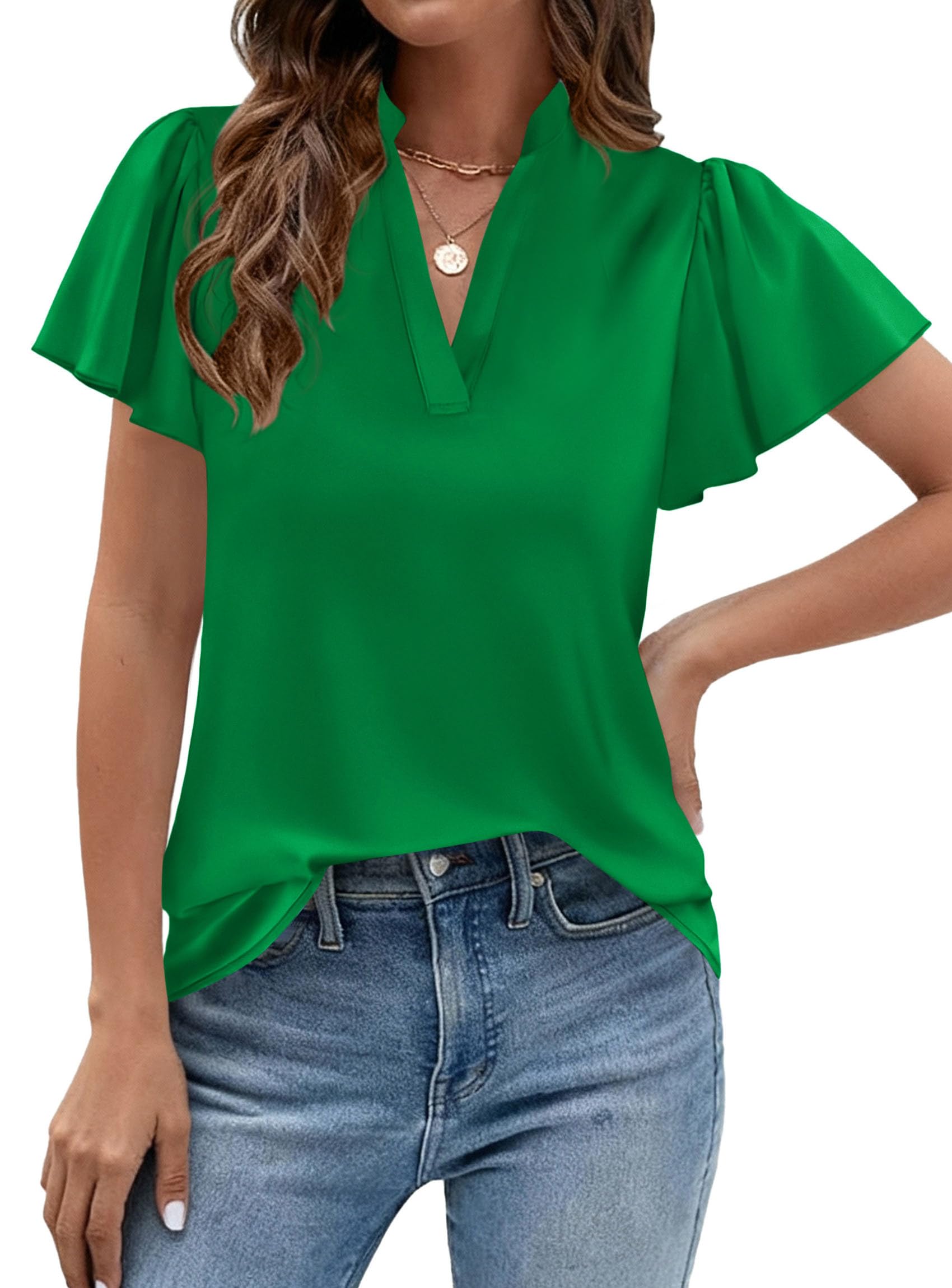 PRETTYGARDEN Women's Summer Satin Blouses Dressy Casual Ruffle Cap Sleeve V Neck Business Work Cute Tops Spring Outfits