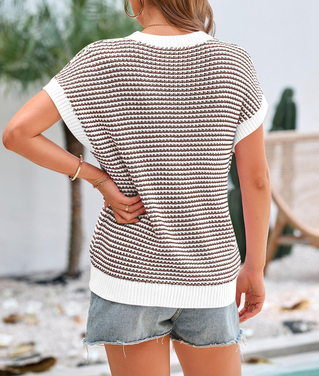 PRETTYGARDEN Womens Short Sleeve Sweater Spring Summer Round Neck Striped Pullover Cap Sleeve Knit Sweater Vest Tops