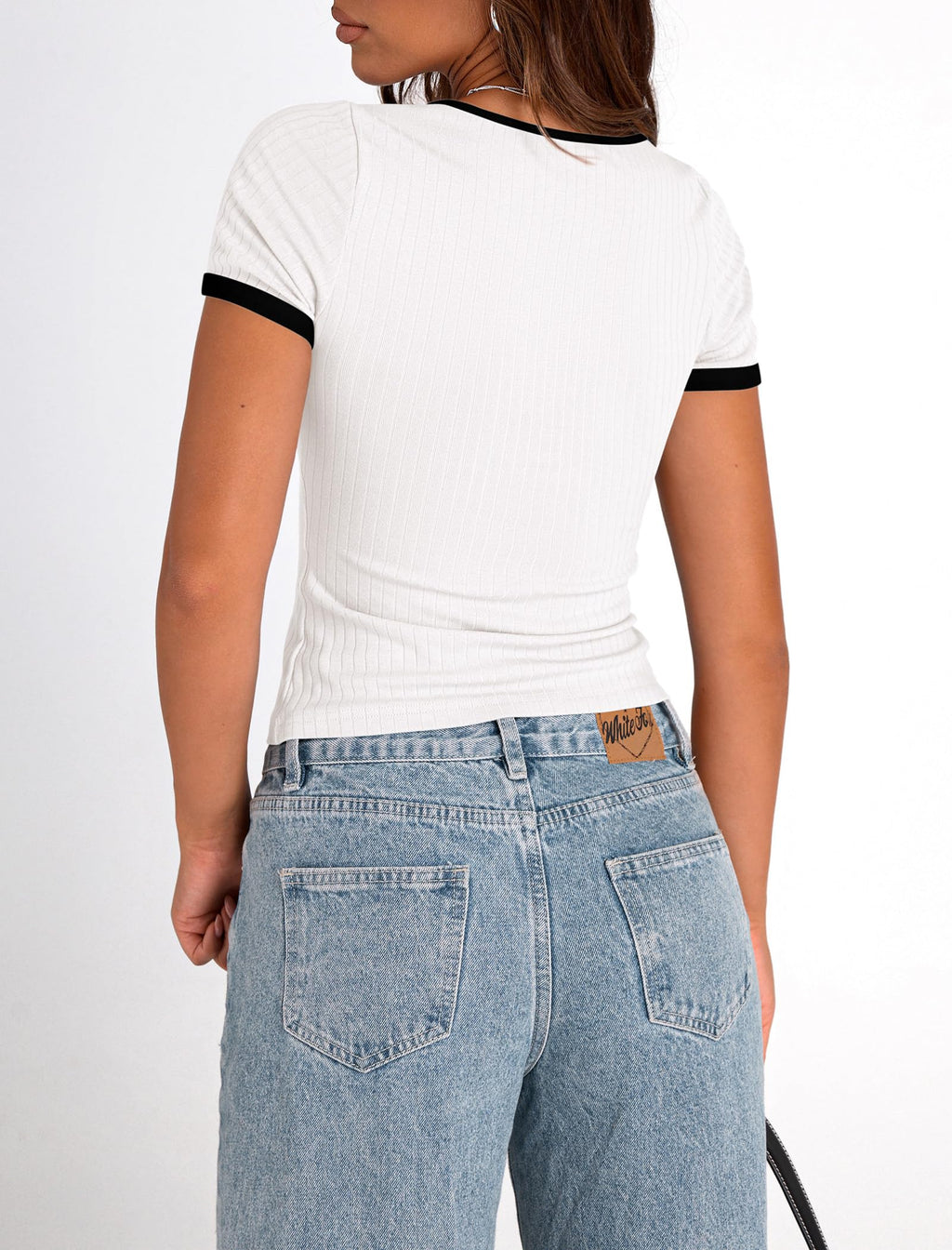 PRETTYGARDEN Women's Summer Short Sleeve T Shirts Ribbed Knit Square Neck Color Block Slim Fit Basic Casual Crop Tops Blouses