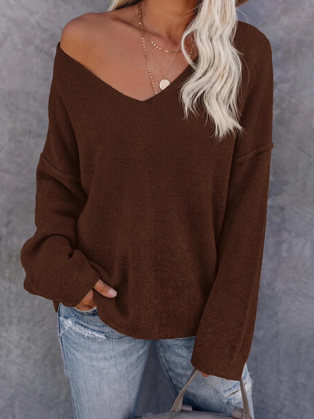 BTFBM Women's Loose Knitted Casual Sweaters | V Neck,Long Sleeve Sweater,Slouchy Pullover Tops,Fall Winter Clothes