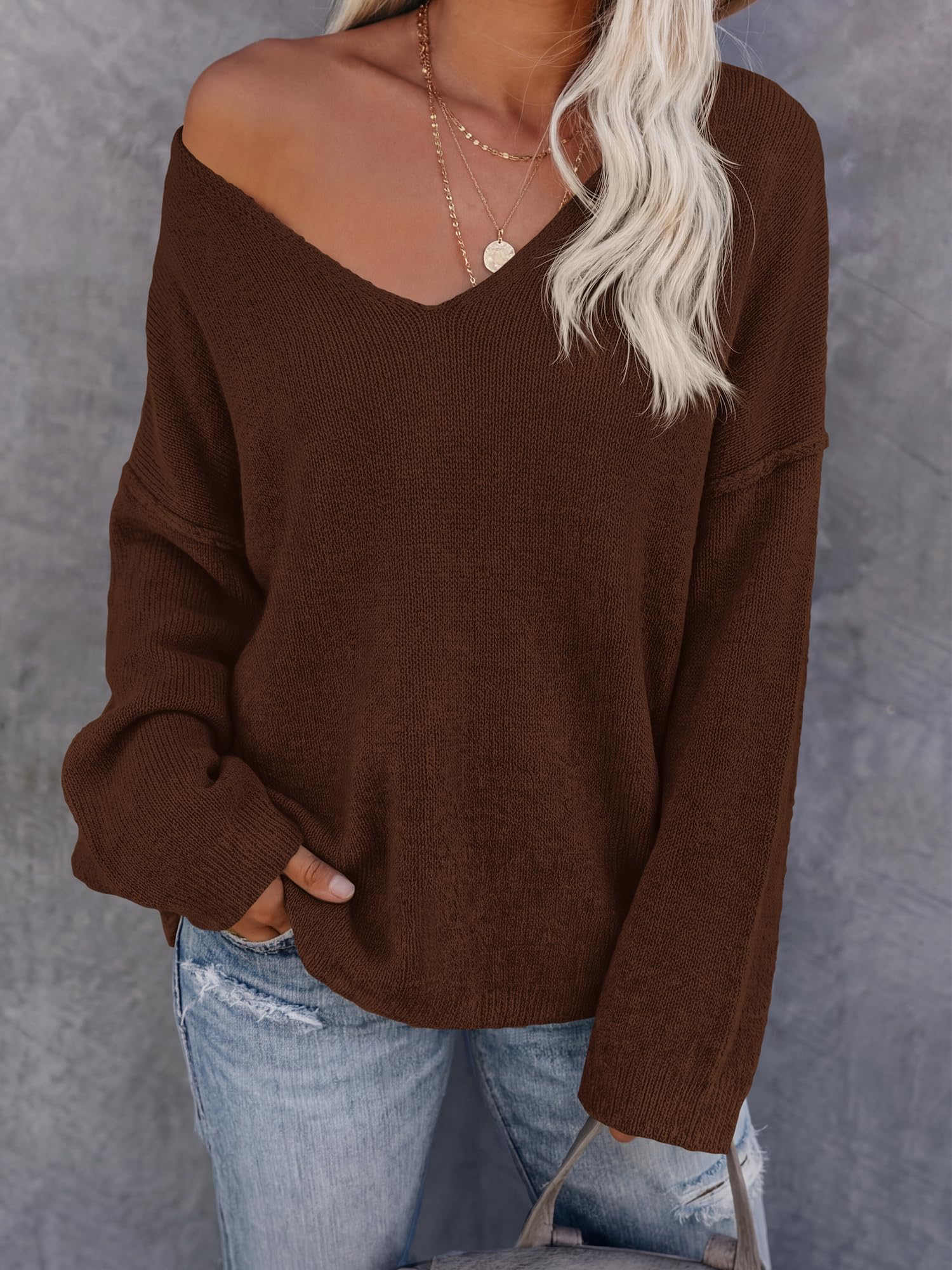 BTFBM Women's Loose Knitted Casual Sweaters | V Neck,Long Sleeve Sweater,Slouchy Pullover Tops,Fall Winter Clothes
