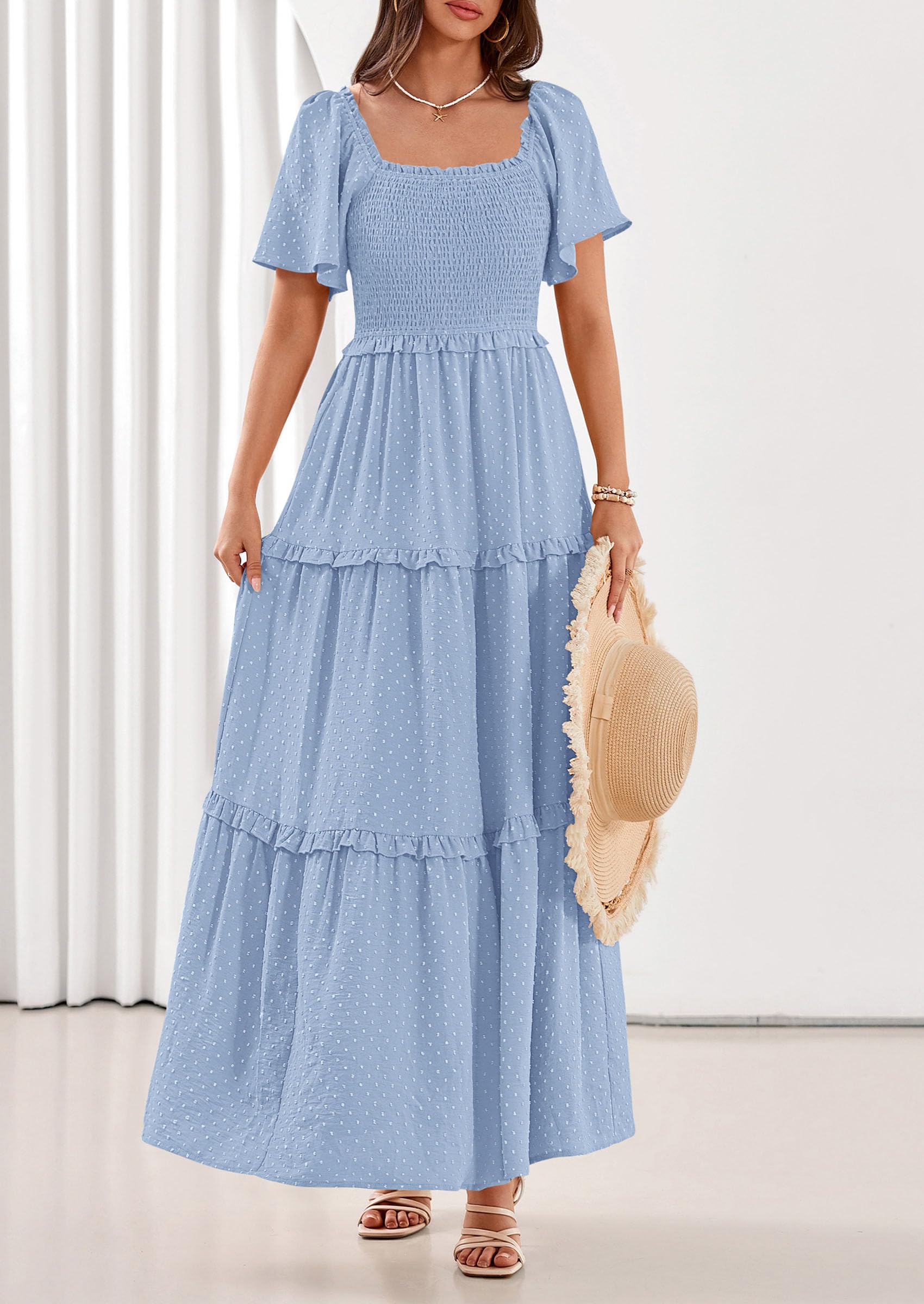 PRETTYGARDEN Summer Dresses for Women Boho Swiss Dot Smocked Square Neck Short Sleeve Spring Wedding Guest Maxi Dress