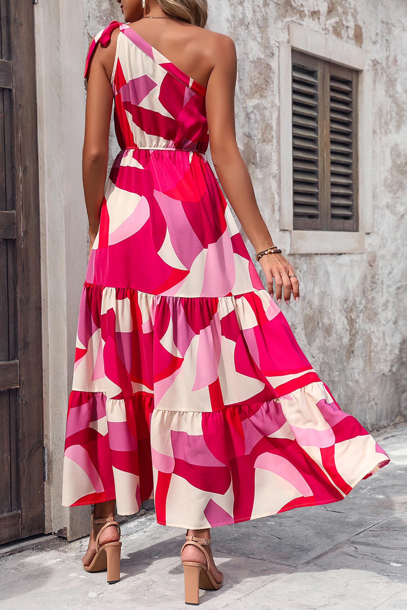 PRETTYGARDEN Women's Summer Floral One Shoulder Maxi Dress Knot Ruffle Boho Beach Vacation Wedding Guest Long Sun Dresses