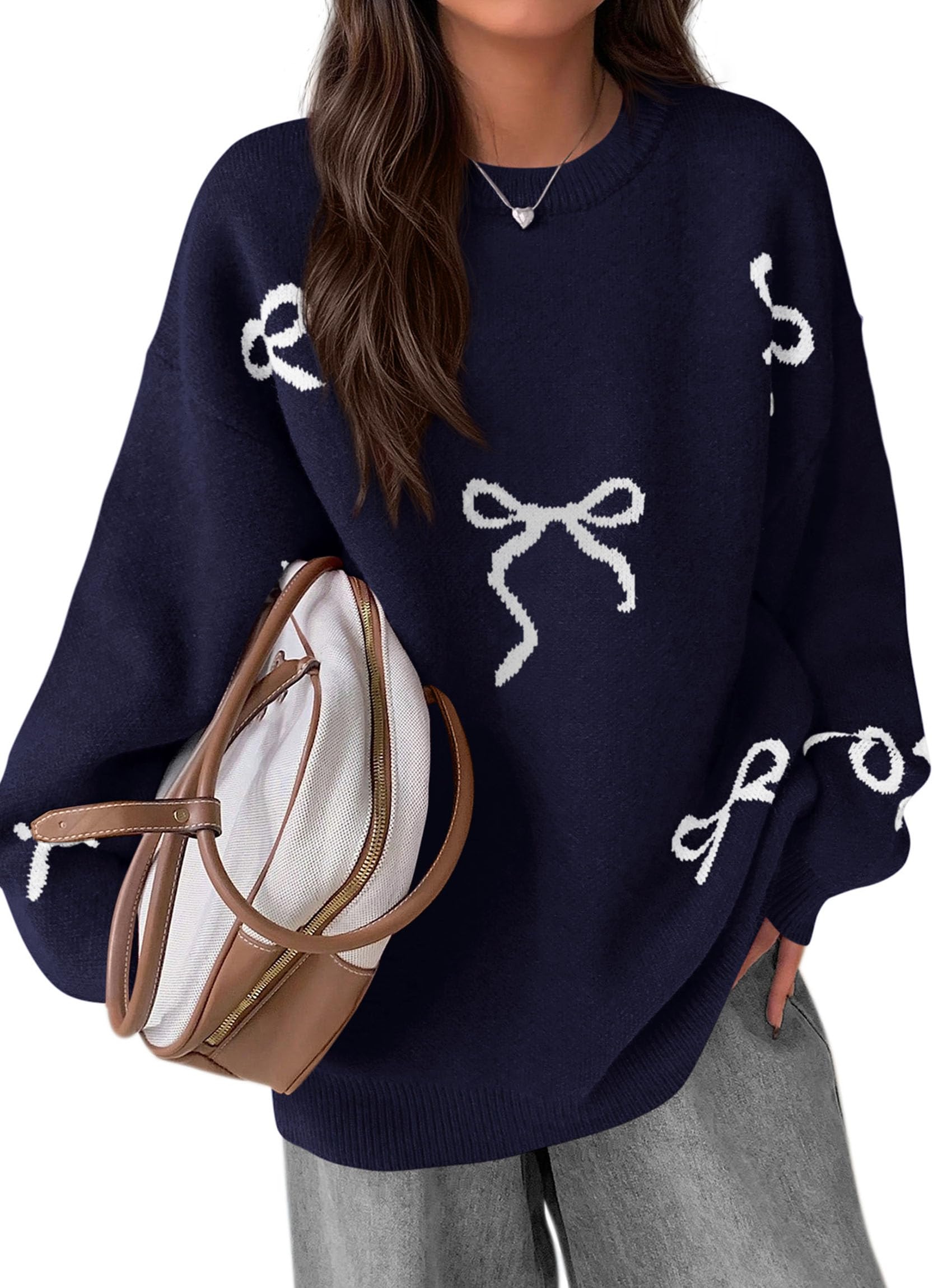 PRETTYGARDEN Fall Long Sleeve Pullover Sweaters for Women Trendy Crewneck Casual Cute Bow Chunky Knit Oversized Sweater