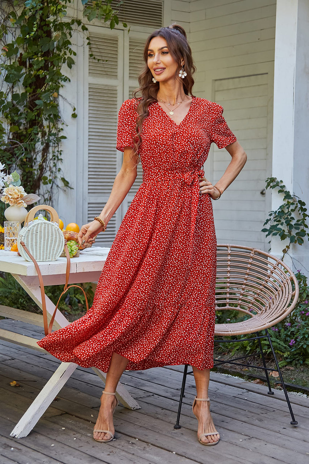 PRETTYGARDEN Women's Summer Floral Boho Maxi Dress Wrap Short Sleeve V Neck Ruffle A-Line Flowy Wedding Guest Long Dresses