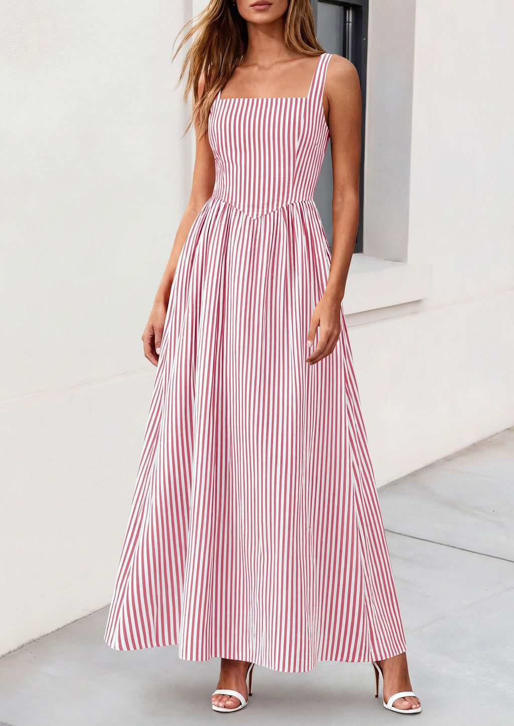 PRETTYGARDEN Women's Maxi Striped Dress Summer Sleeveless Square Neck Smocked A Line Long Flowy Spring Vacation Sundress