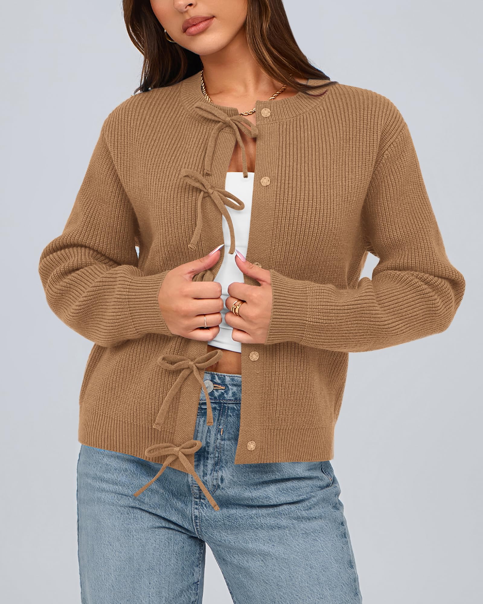 BTFBM Bow Cropped Cardigan Sweaters for Women Fall Winter Open Front Sweater Long Sleeve Button Fashion Spring Clothes