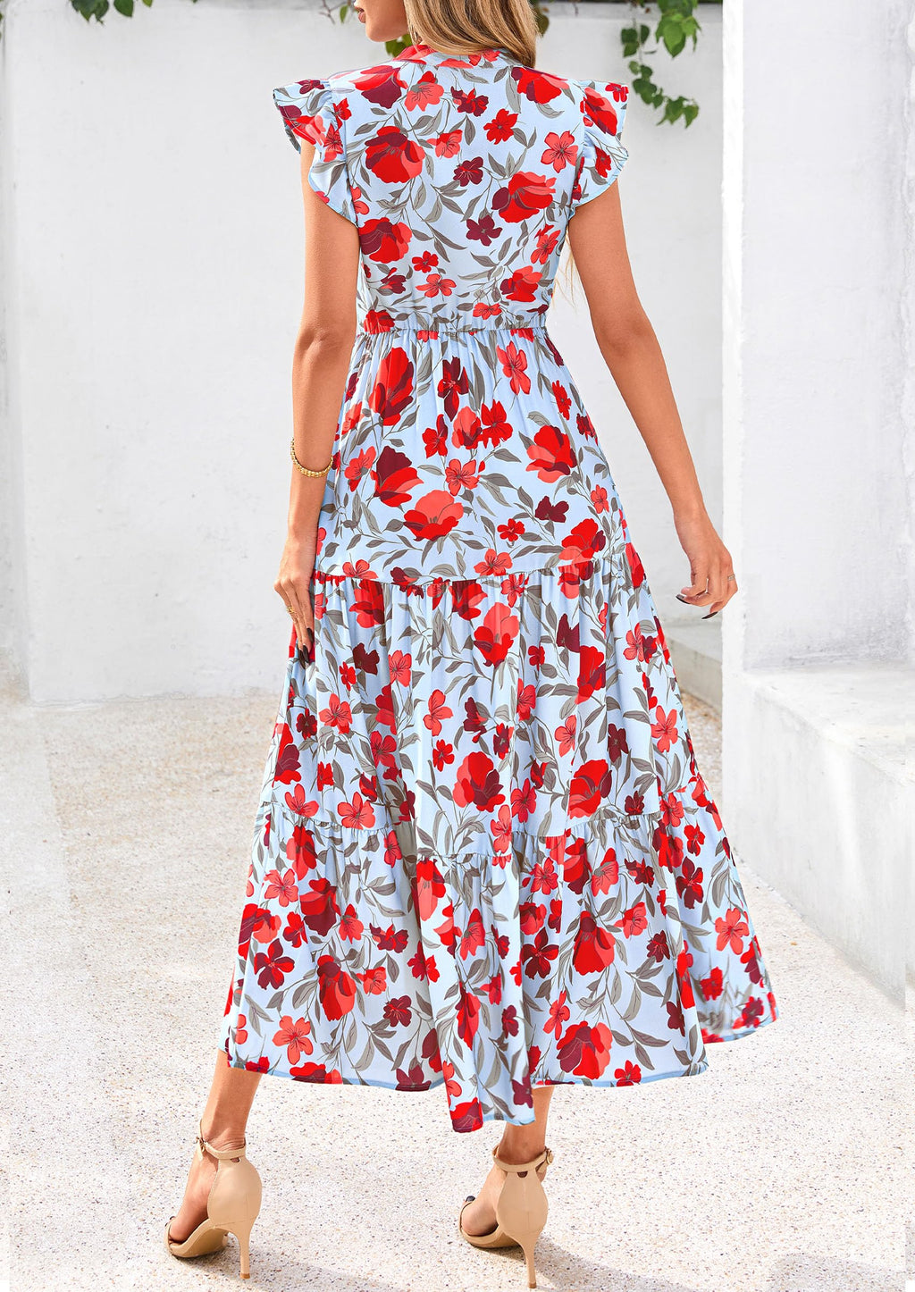 Visit the PRETTYGARDEN Store PRETTYGARDEN Women's Summer Floral Midi Dress Cap Sleeve V Neck Ruffle Long Flowy Boho Casual Beach Vacation Dresses