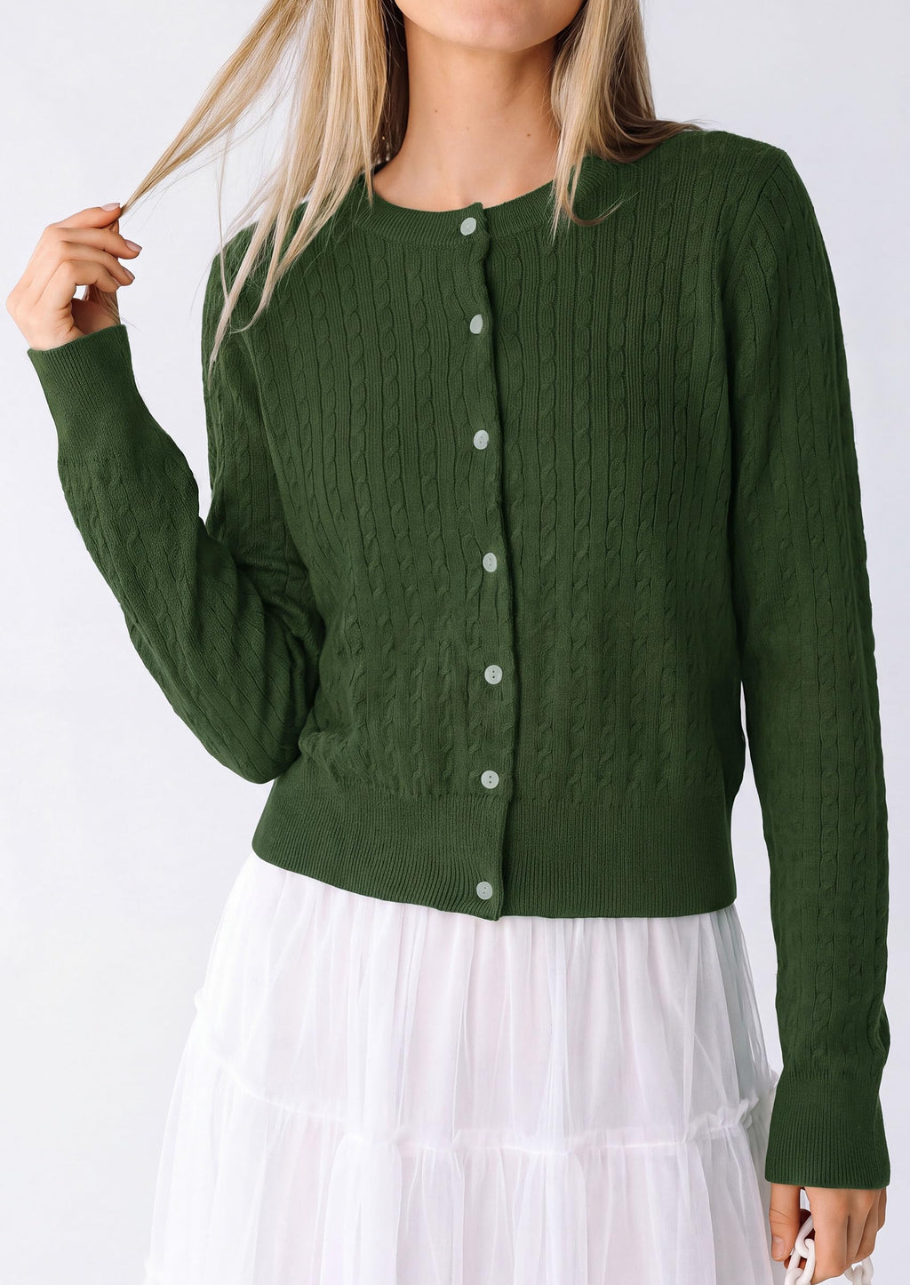 PRETTYGARDEN Women Lightweight Button Up Cardigan Sweaters | Soft Stretchy, Cozy Cable Knit, Long Sleeve Crew Neck, Trendy Cardigans, Cute Casual Outfits, Early Fall Fashion Clothing