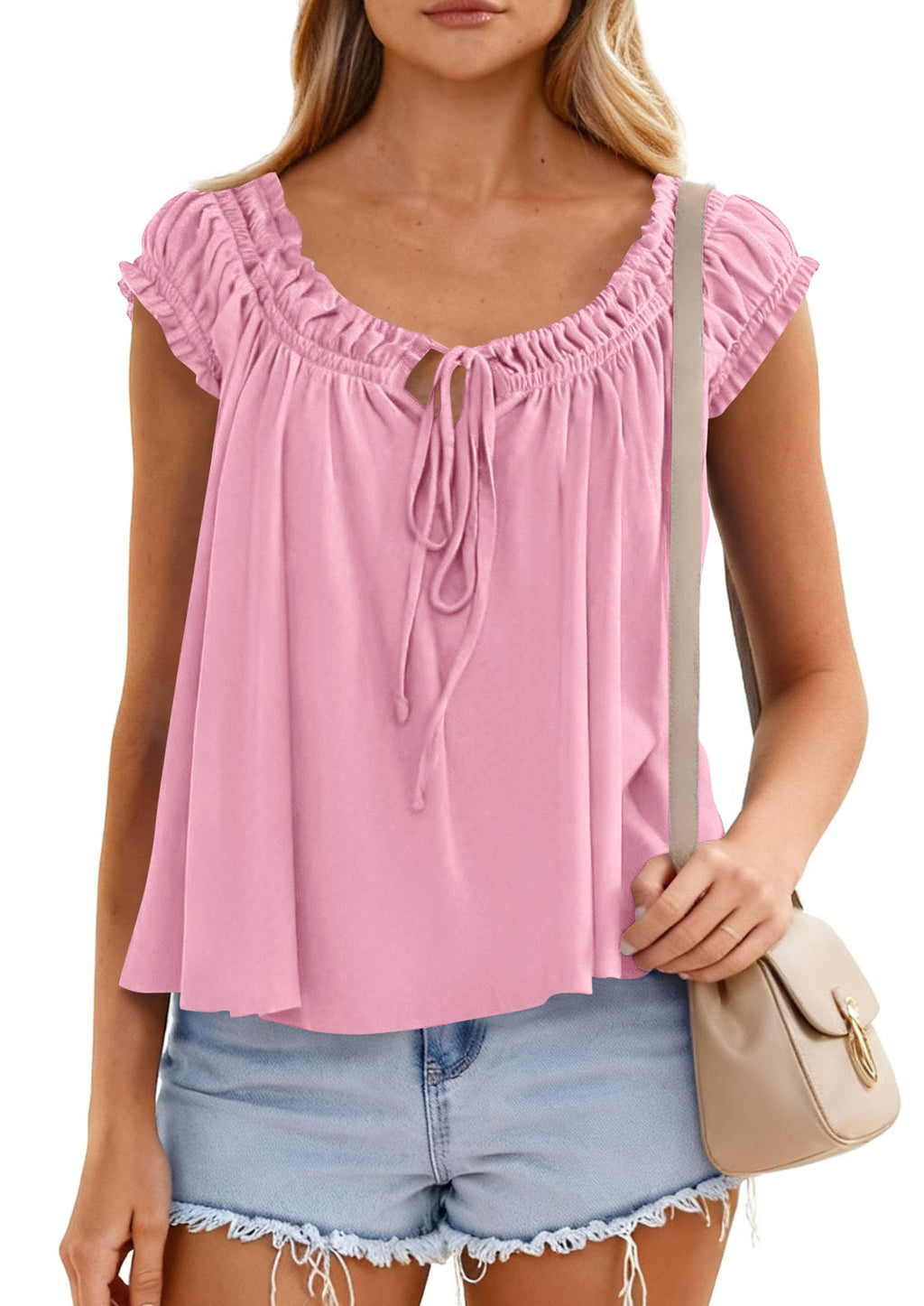 PRETTYGARDEN Women Babydoll Tops Summer Clothes Cap Sleeve Tie Front Flowy Tank Top Peplum Blouses Cute Going Out Shirts