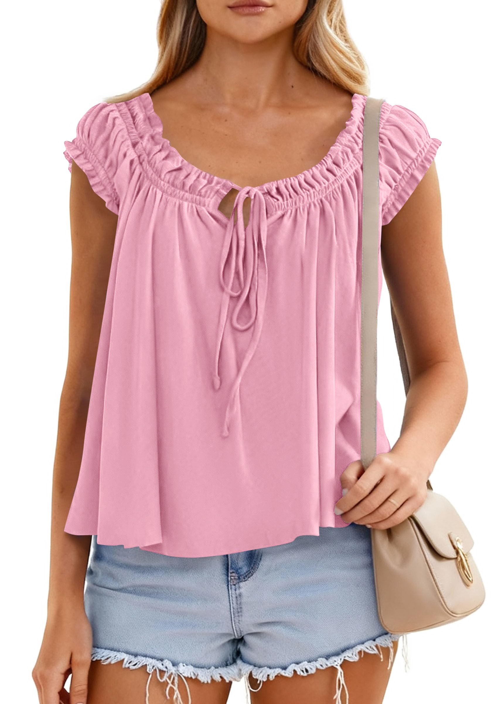 PRETTYGARDEN Women Babydoll Tops Summer Clothes Cap Sleeve Tie Front Flowy Tank Top Peplum Blouses Cute Going Out Shirts