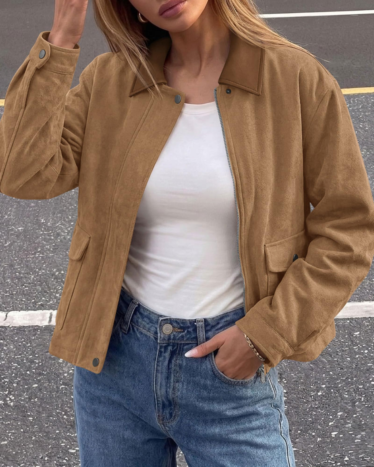 BTFBM Faux Suede Jacket Women Leather Lapel Zip Up Fall Outfits Button Down Long Sleeve Outerwear With Flap Pockets, Early Winter Coats, Motorcycle Jackets, Western Country Concert Outfits