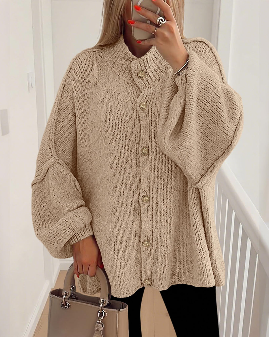 FreshPretty Cardigan Sweaters for Women Fall Clothes Lantern Long Sleeve Button Open Front Chunky Knit Oversized Sweater