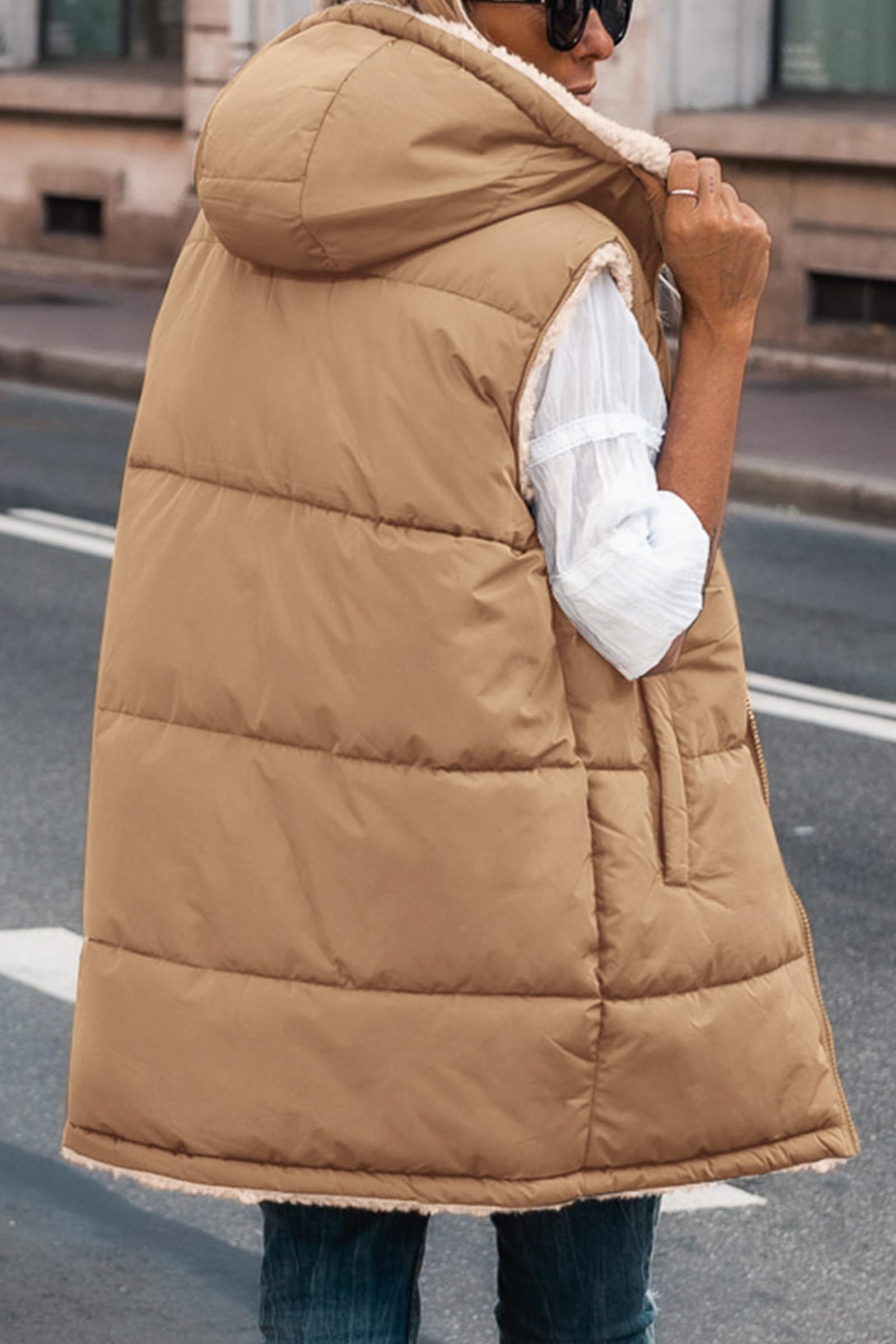 PRETTYGARDEN Womens Fall Reversible Long Vests Sleeveless Fleece Jacket Zip Up Hoodie Pockets Warm Coat Winter Clothing