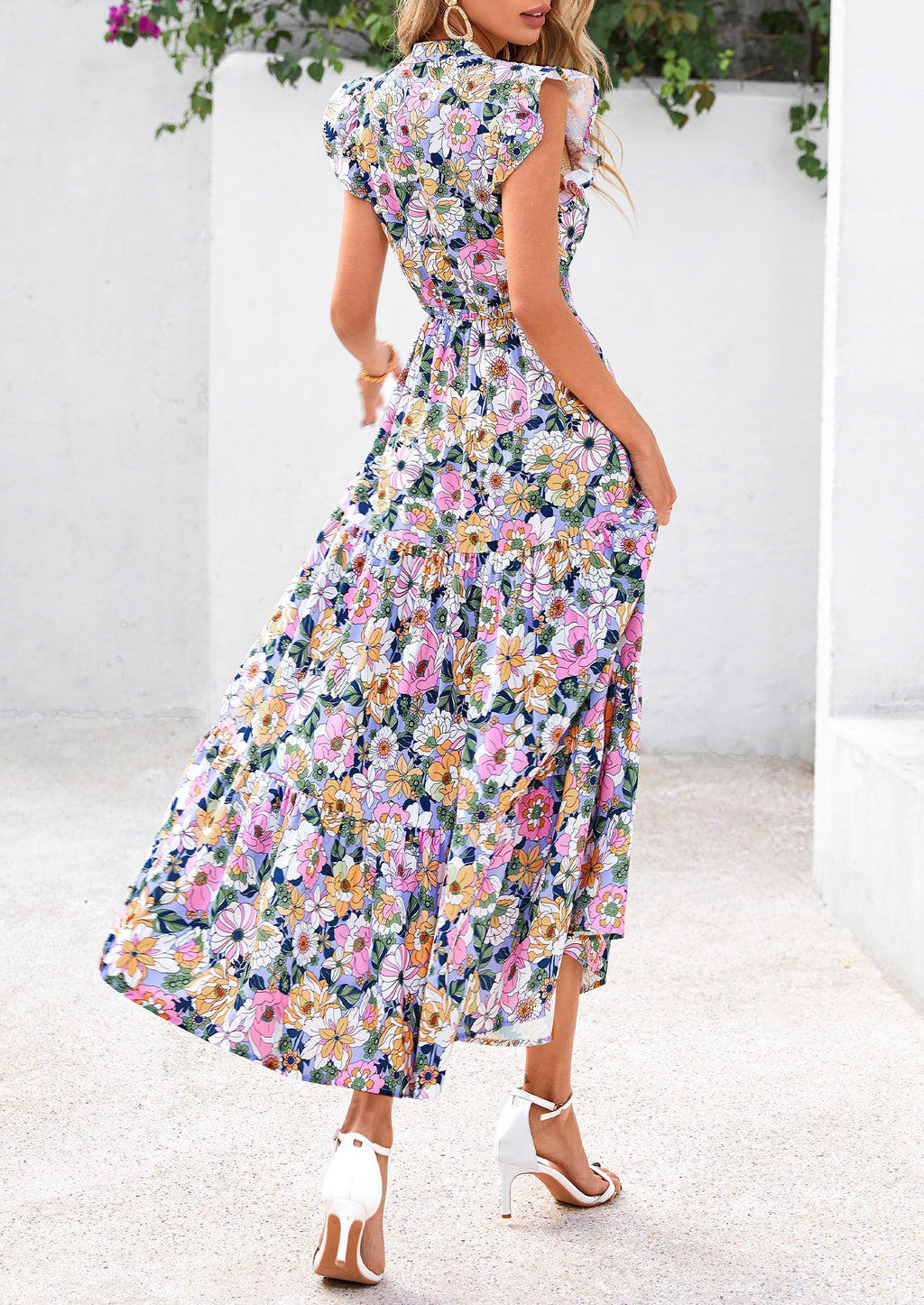 Visit the PRETTYGARDEN Store PRETTYGARDEN Women's Summer Floral Midi Dress Cap Sleeve V Neck Ruffle Long Flowy Boho Casual Beach Vacation Dresses