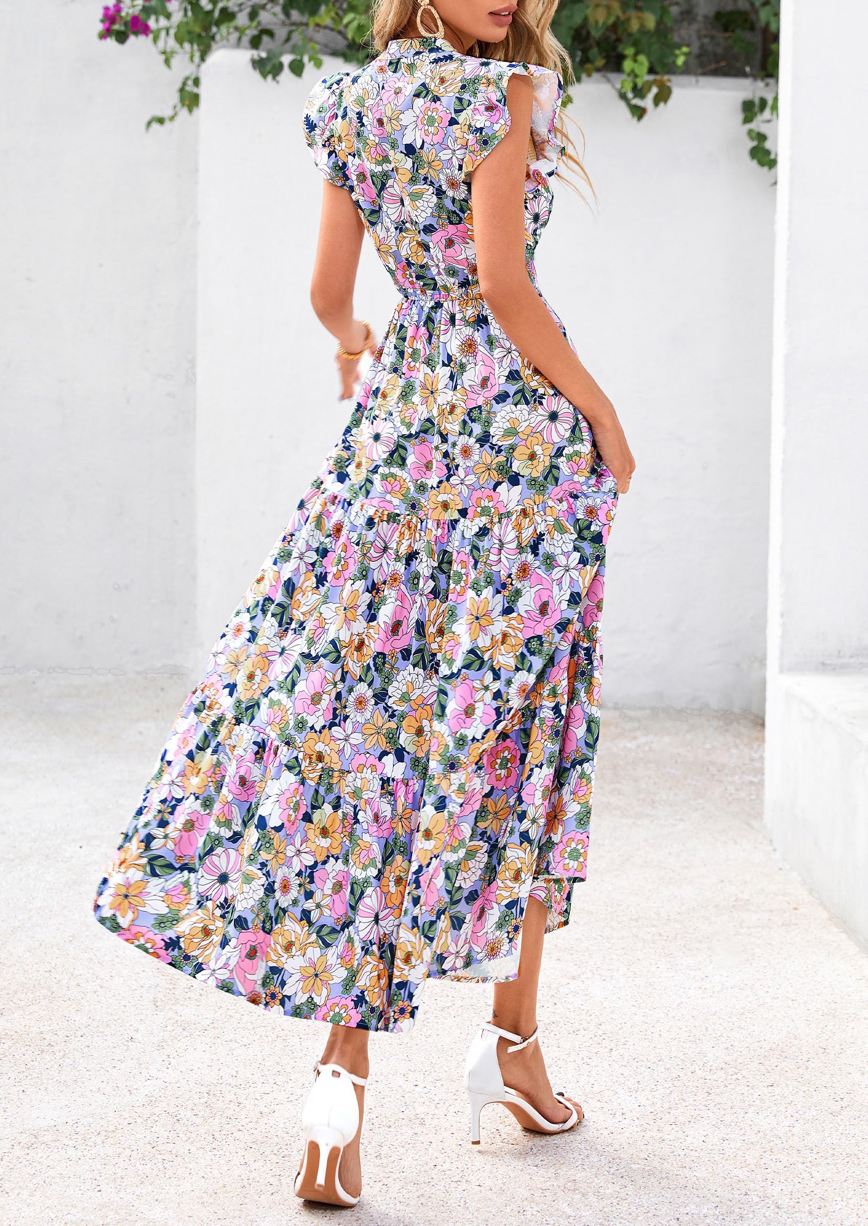 Visit the PRETTYGARDEN Store PRETTYGARDEN Women's Summer Floral Midi Dress Cap Sleeve V Neck Ruffle Long Flowy Boho Casual Beach Vacation Dresses