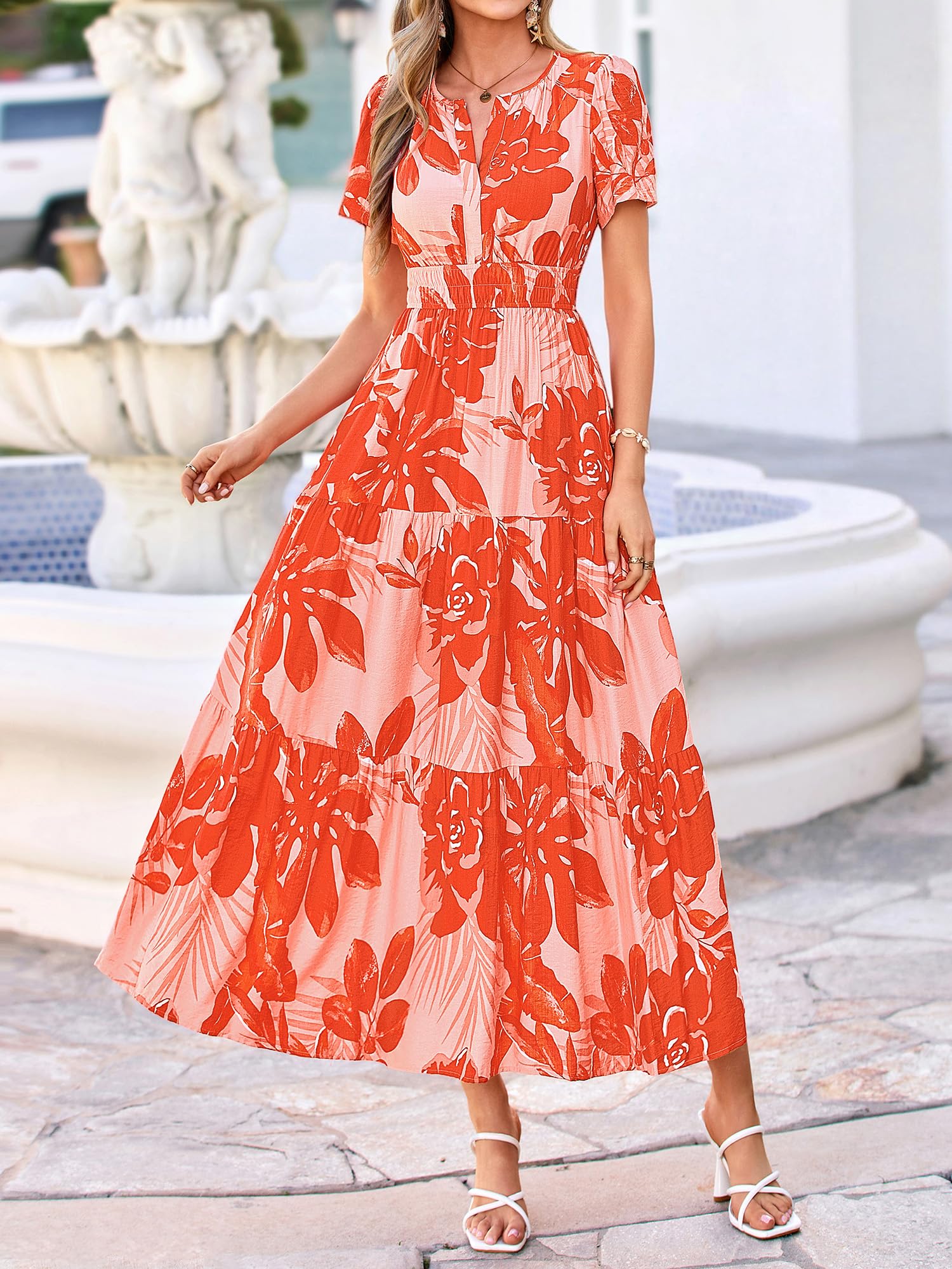 BTFBM Womens Summer Floral Maxi Dresses V Neck Short Sleeve Boho Casual Flowy Long Wedding Guest Dress Beach Vacation