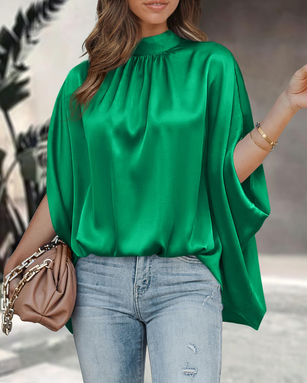 BTFBM Womens Summer Tops Mock Neck Batwing Sleeve Silk Satin Shirts Loose Oversized Dressy Casual Spring Blouses