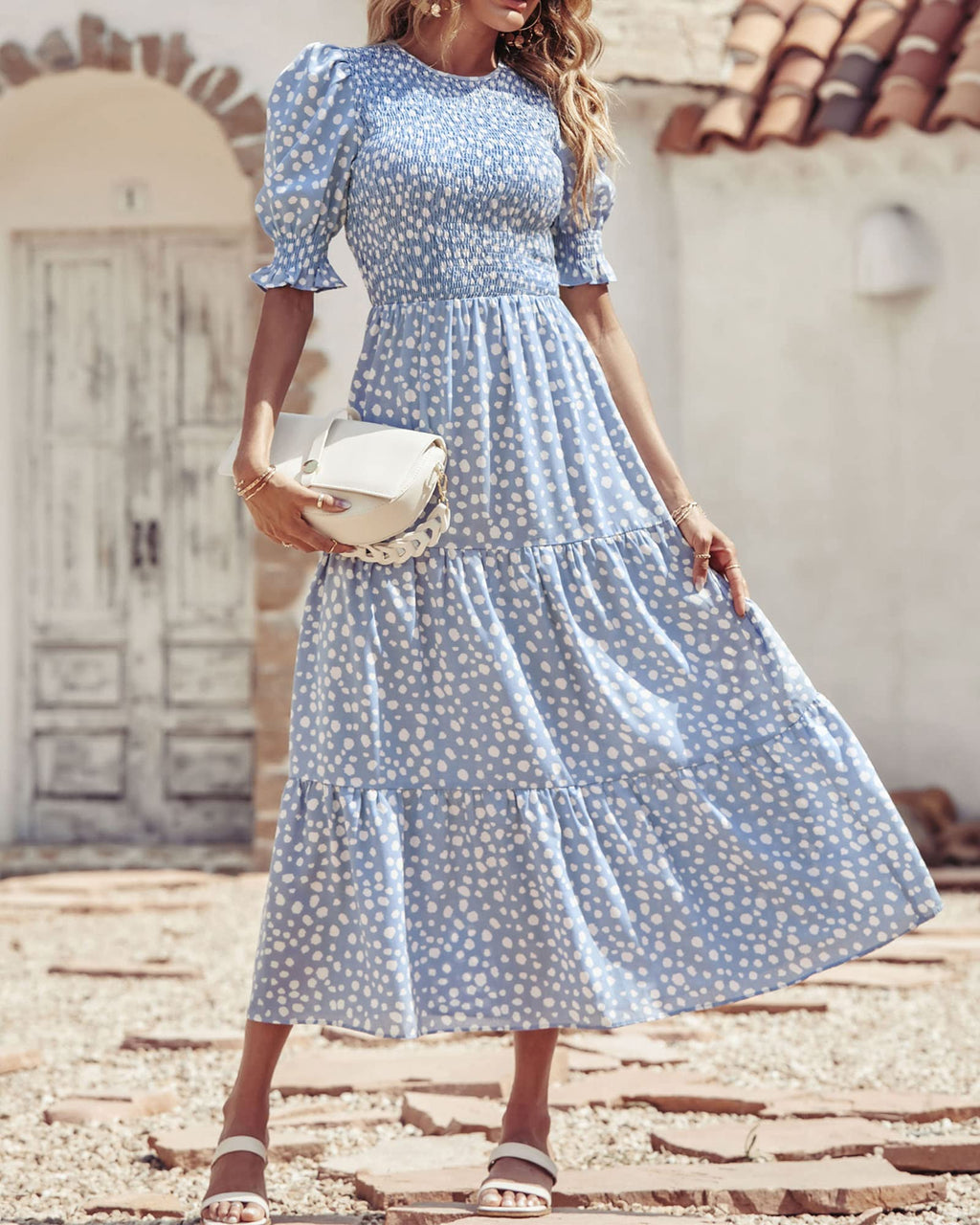 FreshPretty Women Casual Summer Dresses Spring Crew Neck Ruffle Short Sleeve Floral Print Smocked Boho Flowy Maxi Dress