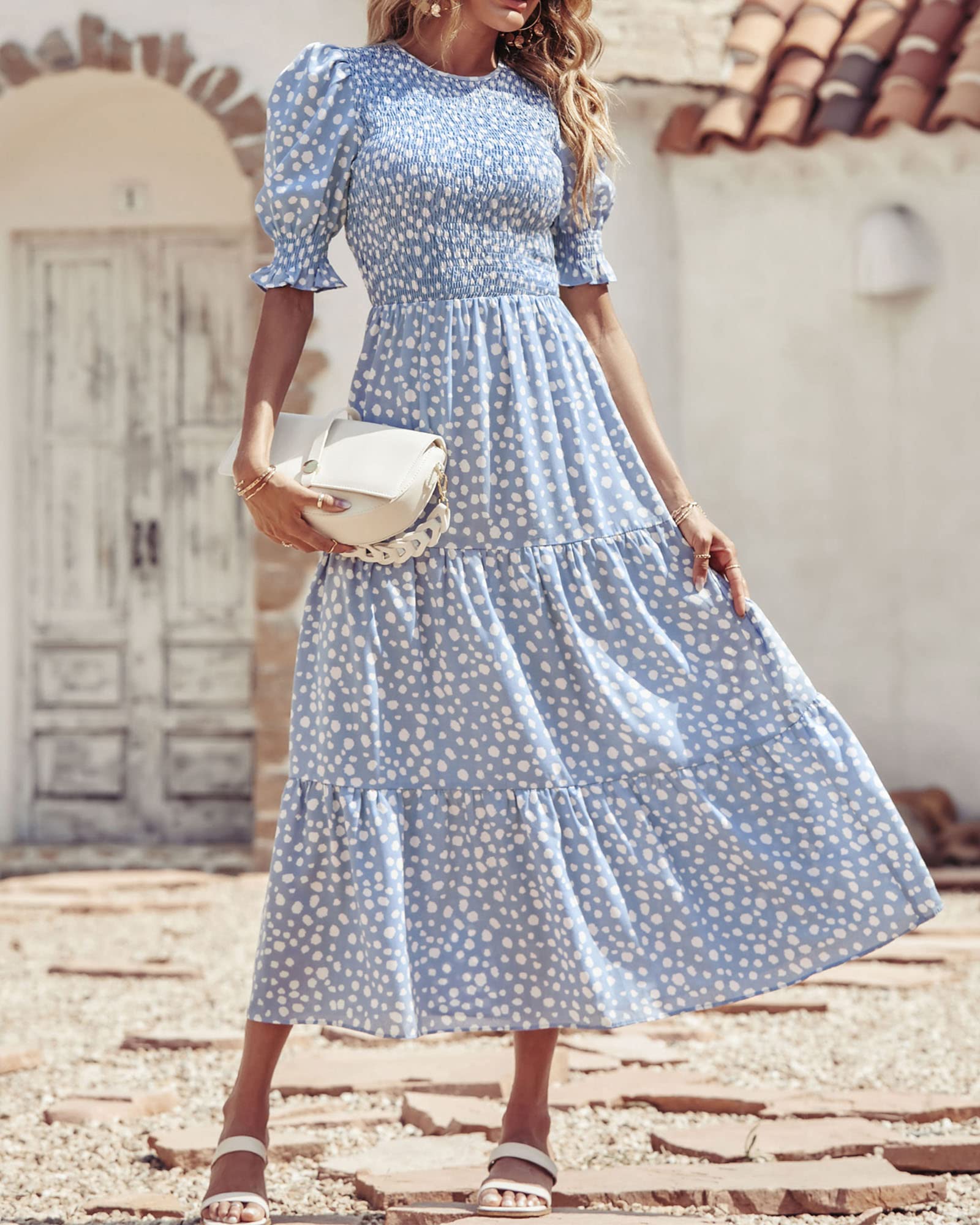 FreshPretty Women Casual Summer Dresses Spring Crew Neck Ruffle Short Sleeve Floral Print Smocked Boho Flowy Maxi Dress