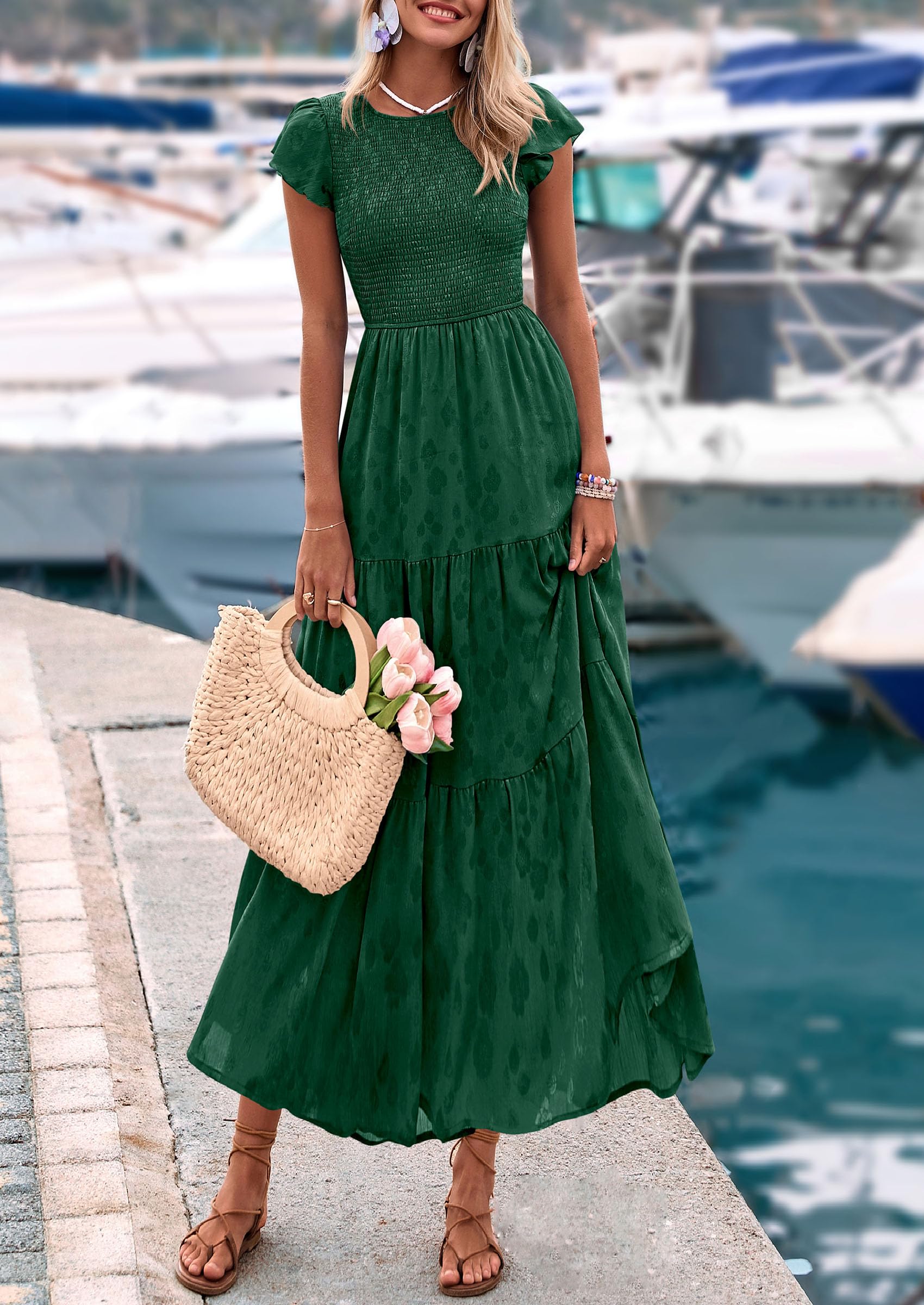 PRETTYGARDEN Wedding Guest Dresses for Women Summer Floral Cap Sleeve Smocked A Line Long Elegant Party Boho Dress