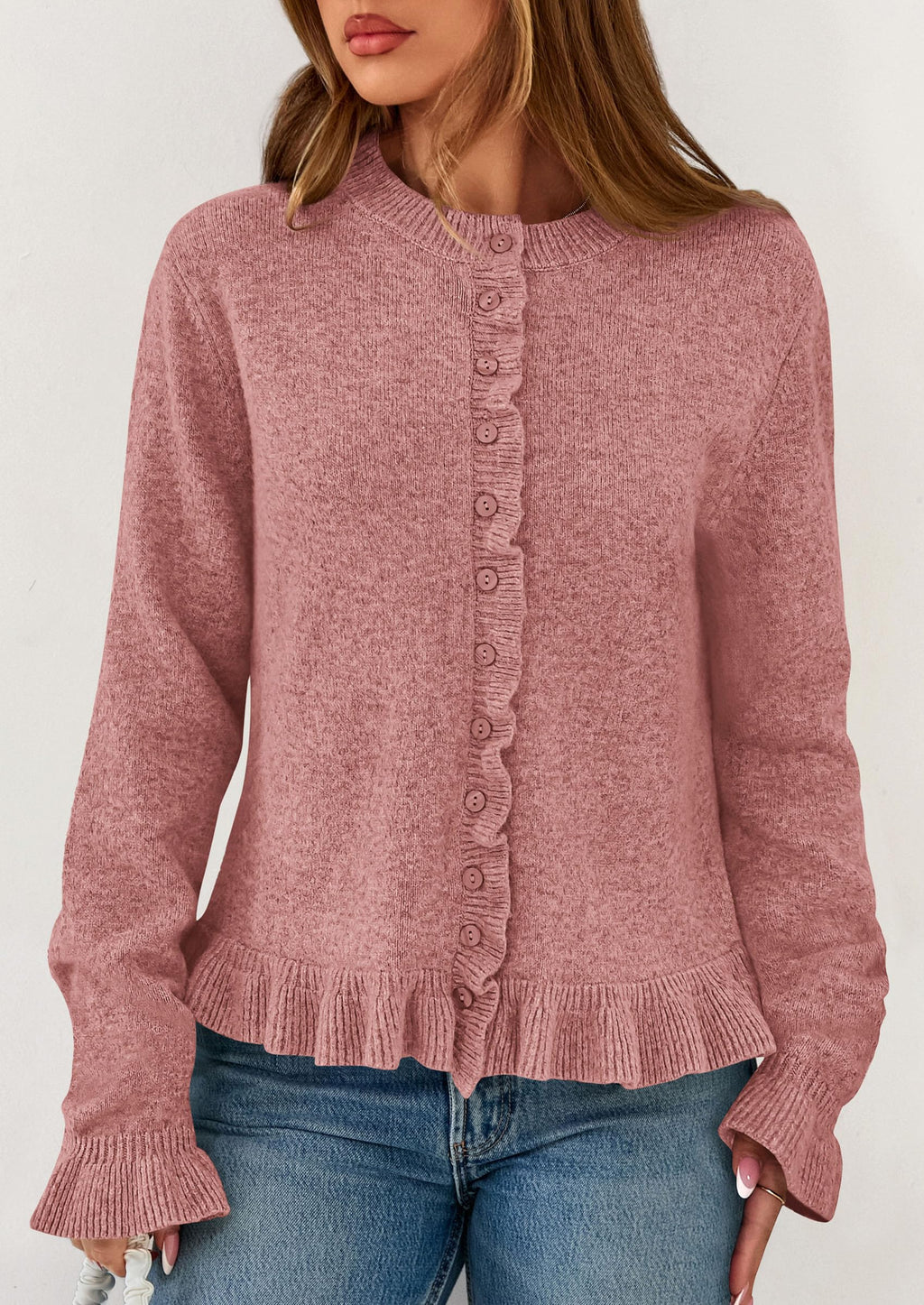 PRETTYGARDEN Womens Fall Button Down Cardigans Chunky Knit Ruffle Open Front Cropped Cardigan Sweaters Soft Long Sleeve Tops