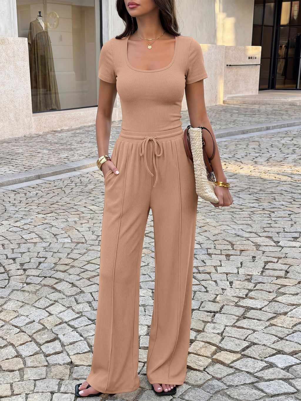 BTFBM Womens Summer 2 Piece Outfits Square Neck Short Sleeve Drawstring Pants Knit Spring Lounge Matching Sets
