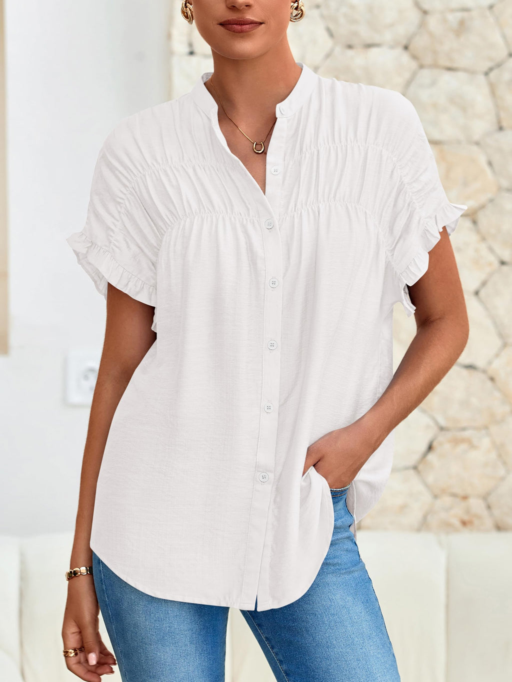FreshPretty Womens Button Down Shirts Ruffle Short Sleeve Loose Summer Tops Dressy Casual V Neck Business Work Blouses