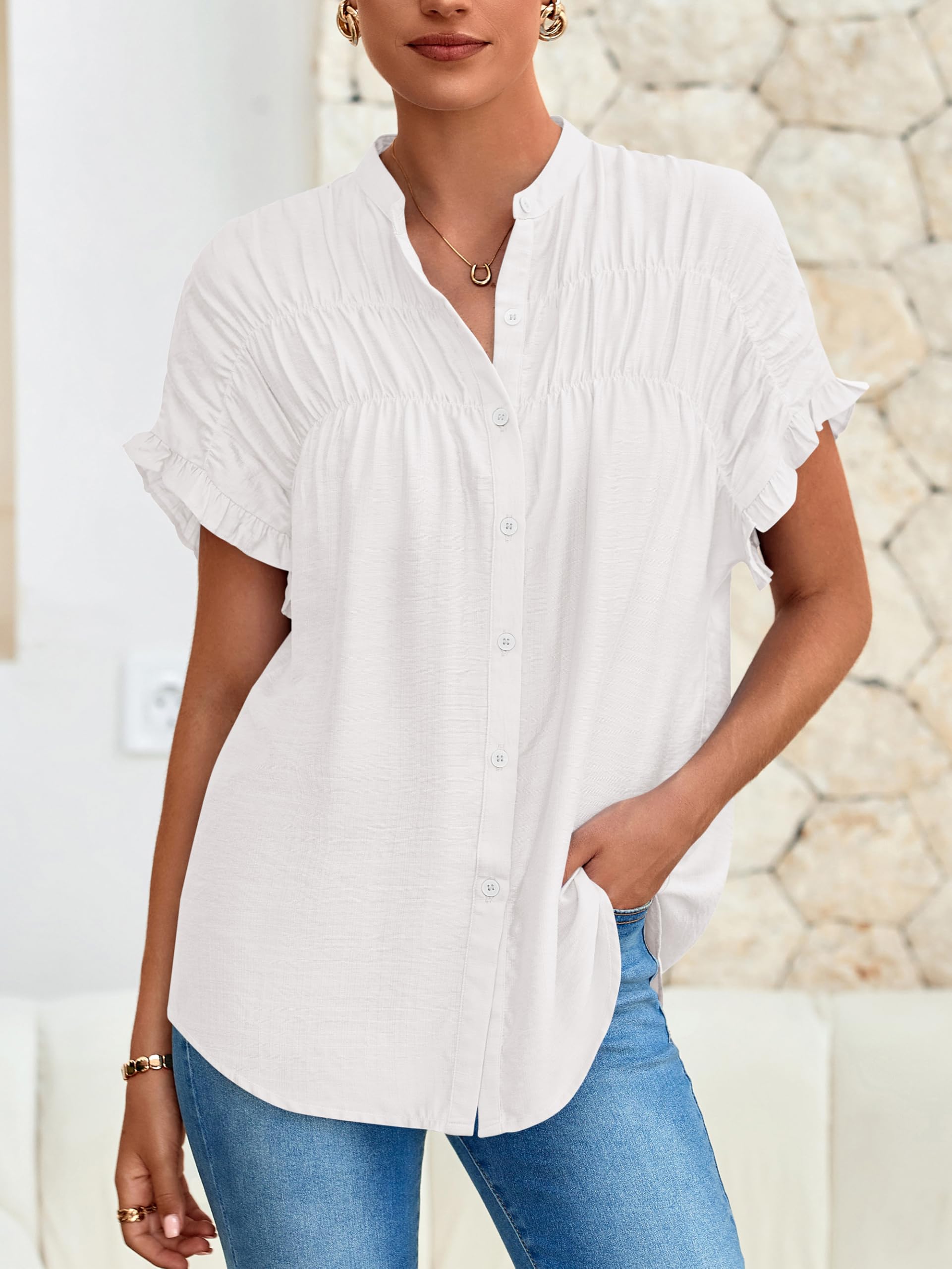 FreshPretty Womens Button Down Shirts Ruffle Short Sleeve Loose Summer Tops Dressy Casual V Neck Business Work Blouses