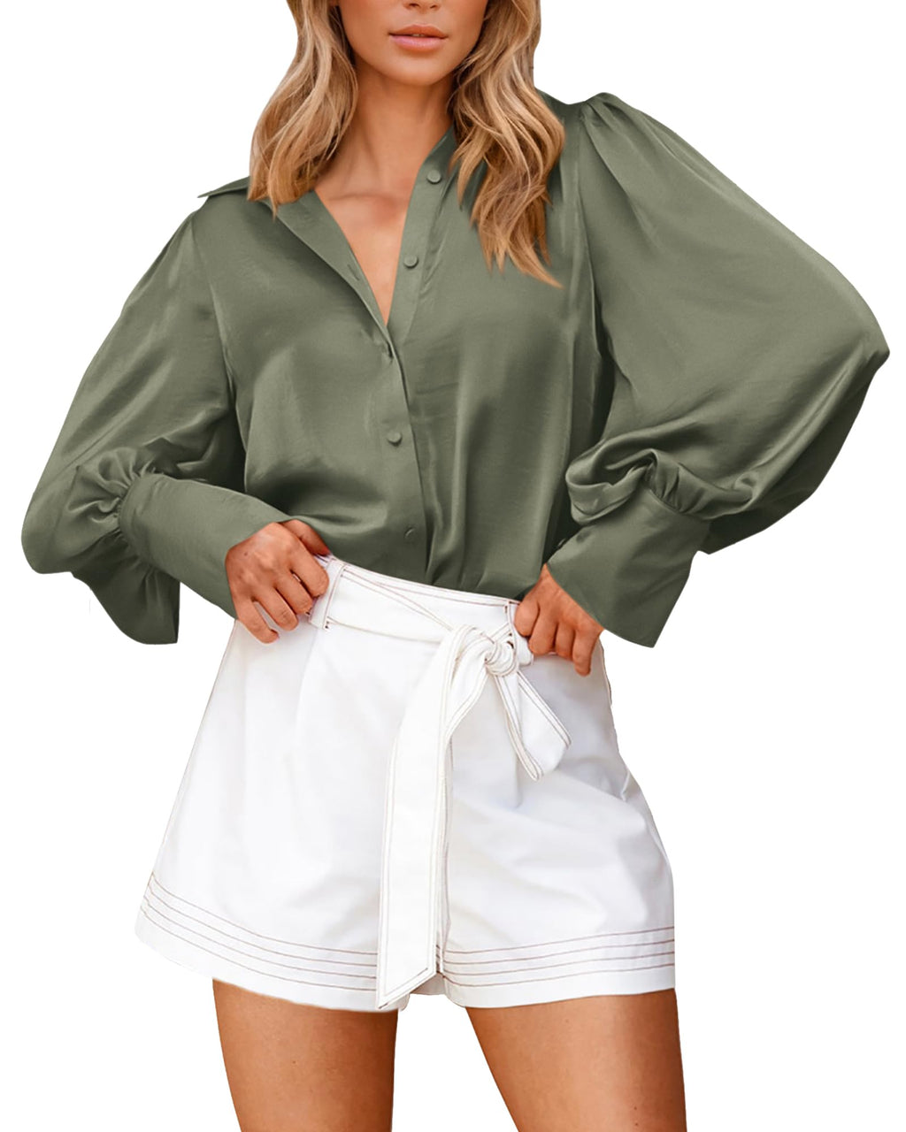 BTFBM Women Satin Blouses Summer Fall Clothes Button Down Lantern Long Sleeve Shirts Work Business Casual Dressy Tops
