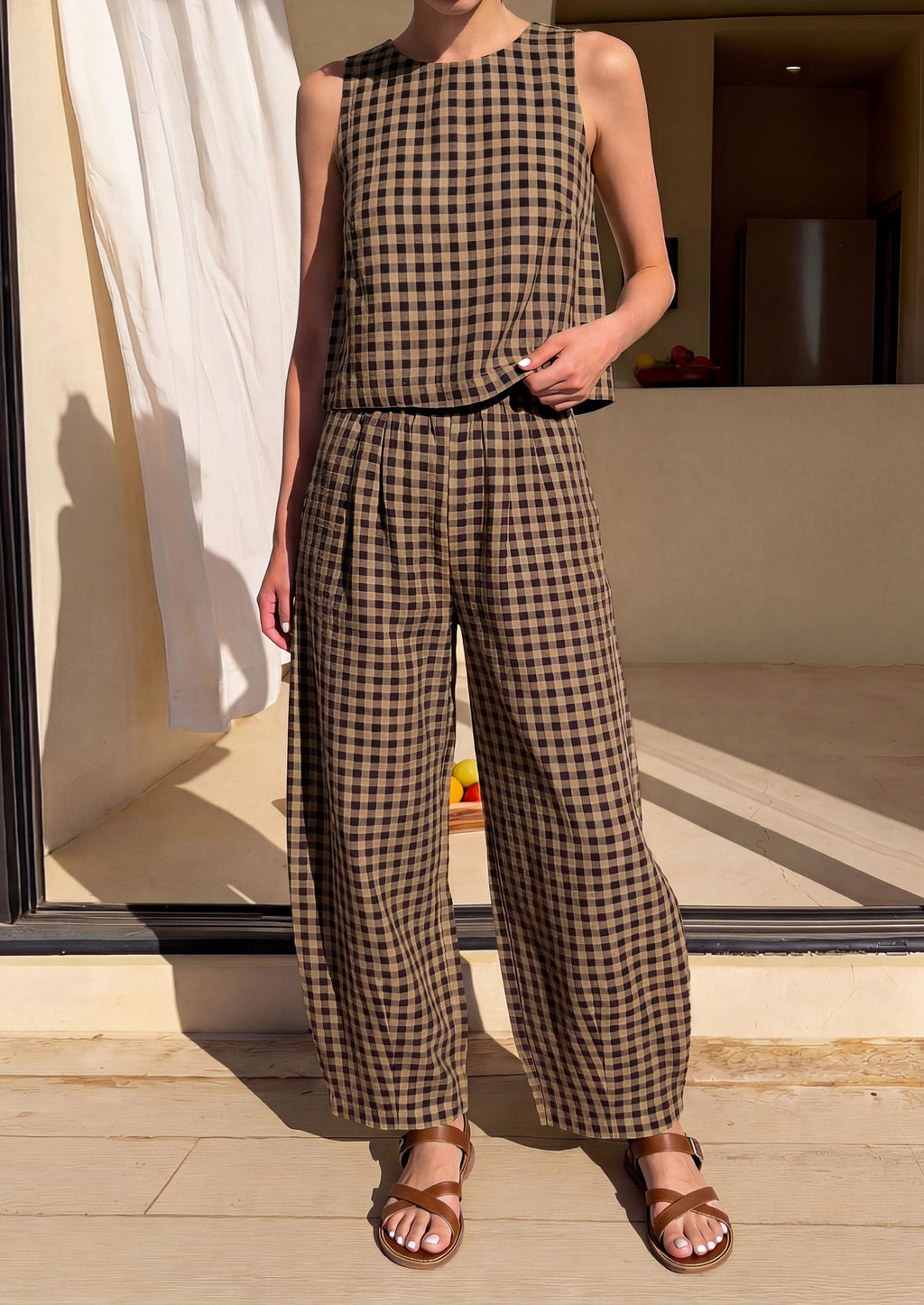 PRETTYGARDEN Womens 2 Piece Sets Summer Plaid Sleeveless Tops Wide Leg Pants Matching Lounge Set Beach Vacation Outfits