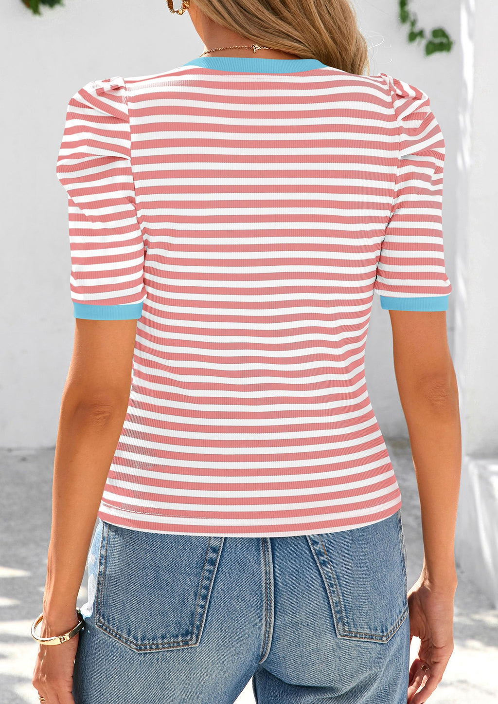 PRETTYGARDEN Women's Summer Puff Sleeve Tops Casual Ribbed Knit Crop Top Color Block Trendy Crewneck Striped Shirts