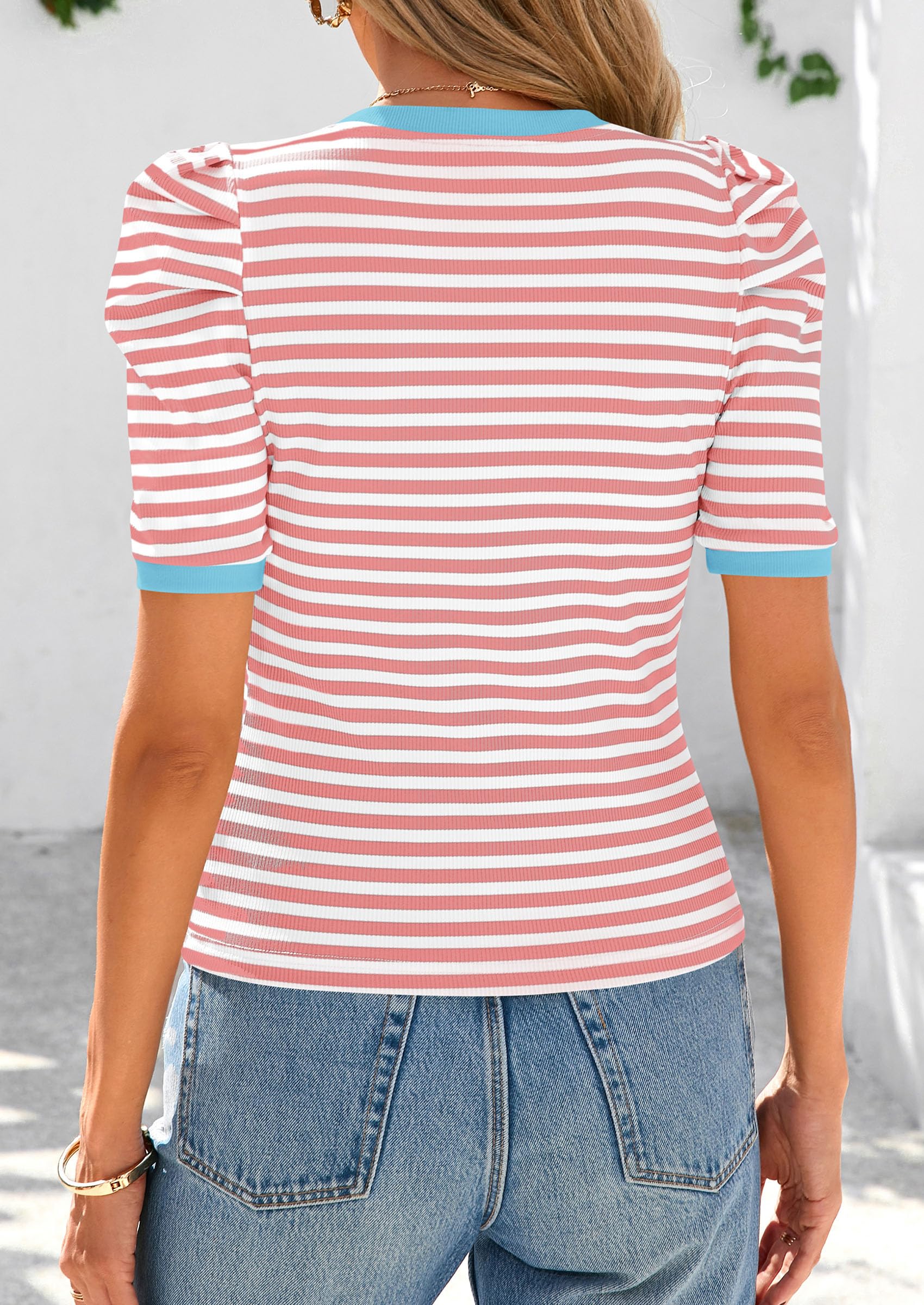 PRETTYGARDEN Women's Summer Puff Sleeve Tops Casual Ribbed Knit Crop Top Color Block Trendy Crewneck Striped Shirts