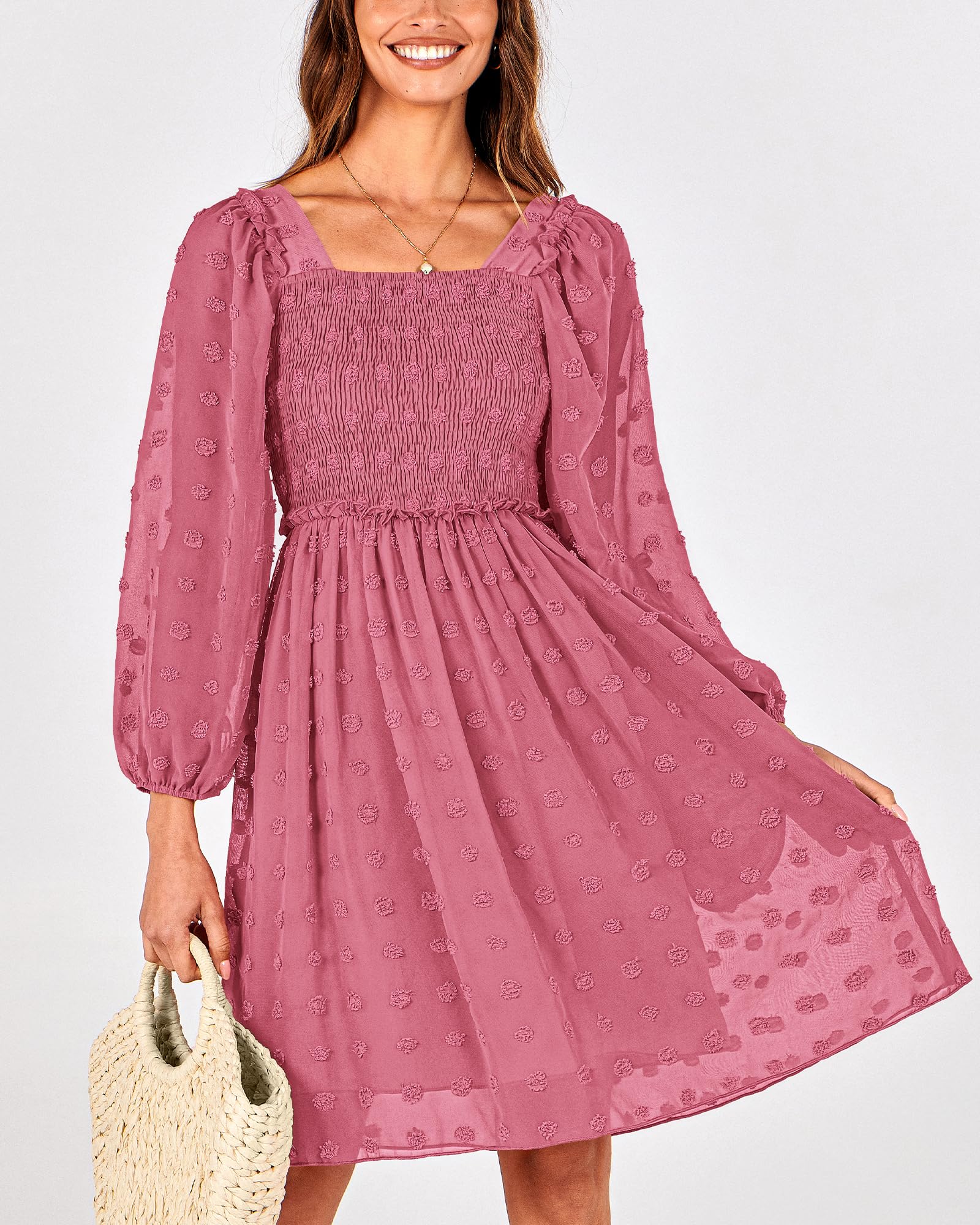 BTFBM Womens Long Sleeve Dress Summer Vacation Square Neck Smocked Floral Mini Boho Spring Wedding Guest Dresses