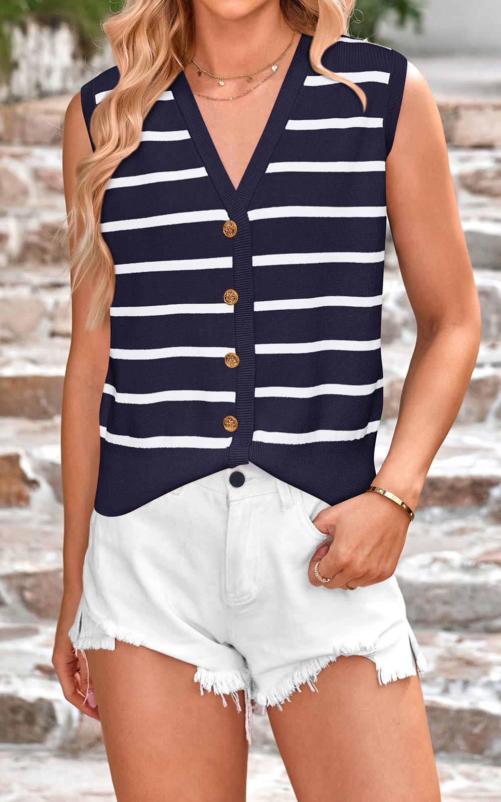 FreshPretty Women's Trendy Striped Sweater Vest V Neck Sleeveless Button Up Tank Tops Y2k Shirts Casual Business Summer Outfits