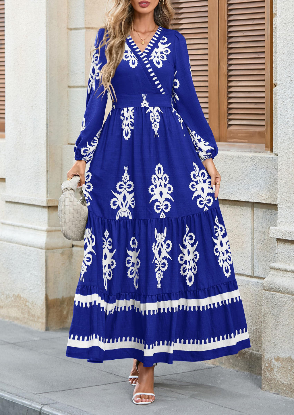 PRETTYGARDEN Women's Fall Wedding Guest Dresses Boho Floral Long Sleeve V Neck Flowy Elegant Maxi Dress Beach Clothes
