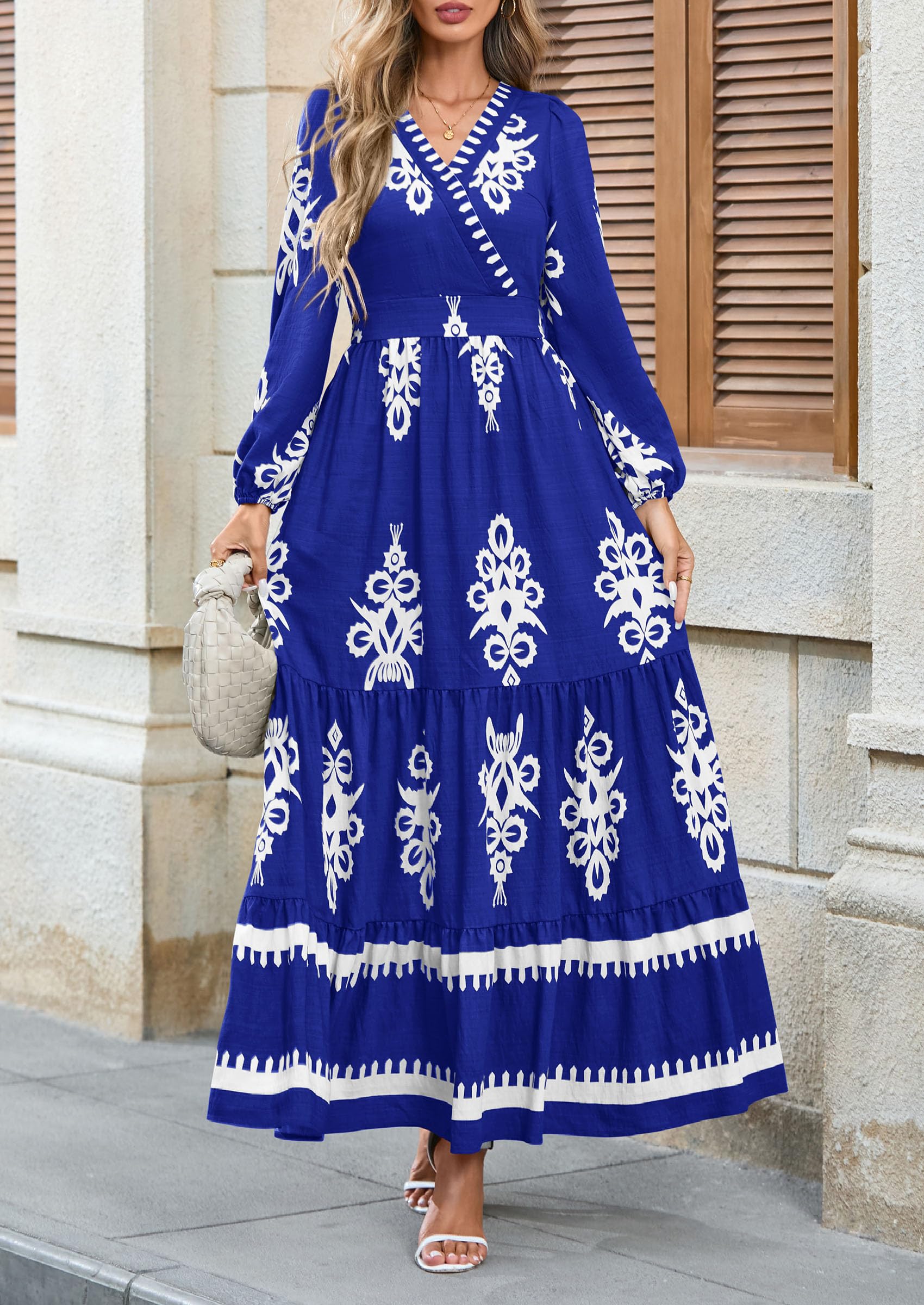 PRETTYGARDEN Women's Fall Wedding Guest Dresses Boho Floral Long Sleeve V Neck Flowy Elegant Maxi Dress Beach Clothes