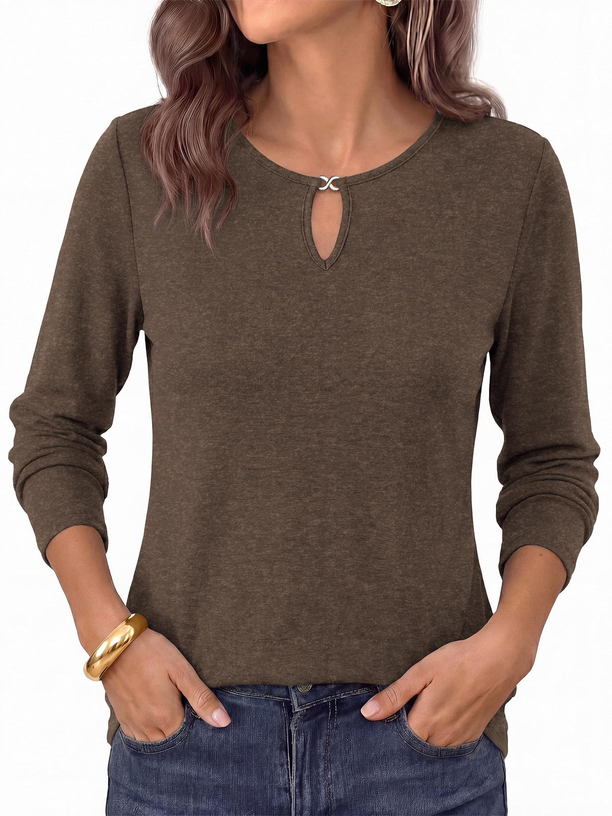 FreshPretty Long Sleeve Shirts for Women Fall Keyhole Crewneck Work Tops,Lightweight Stretchy Soft Knit Tshirt, Business Casual Basic Tees Cute Top,Relaxed Fit Blouse Daily Travel Vacation Outfits