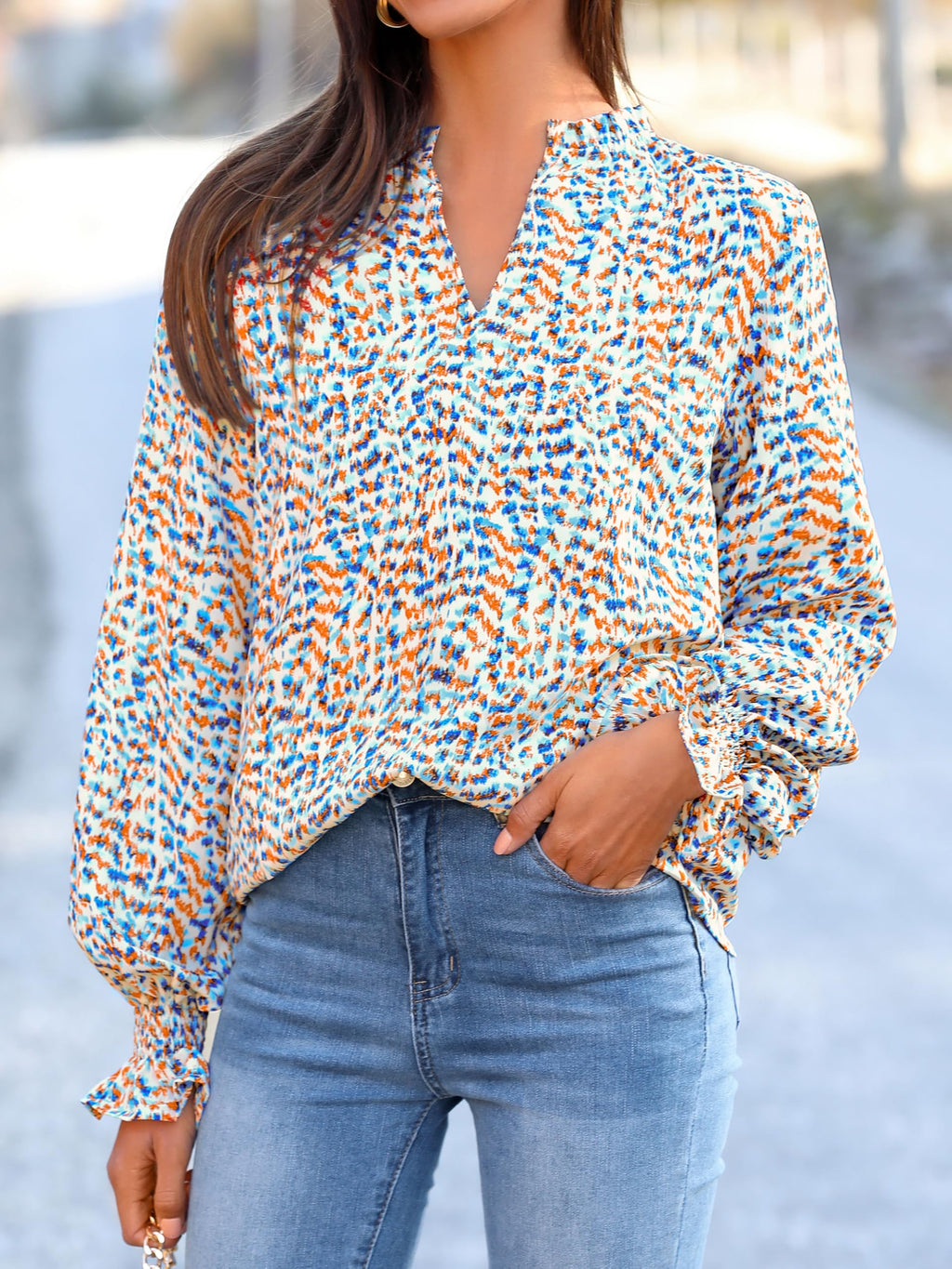 FreshPretty Womens V Neck Floral Long Sleeve Tops Summer Casual Loose Puff Sleeve Chiffon Boho Work Blouse Dressy T Shirts