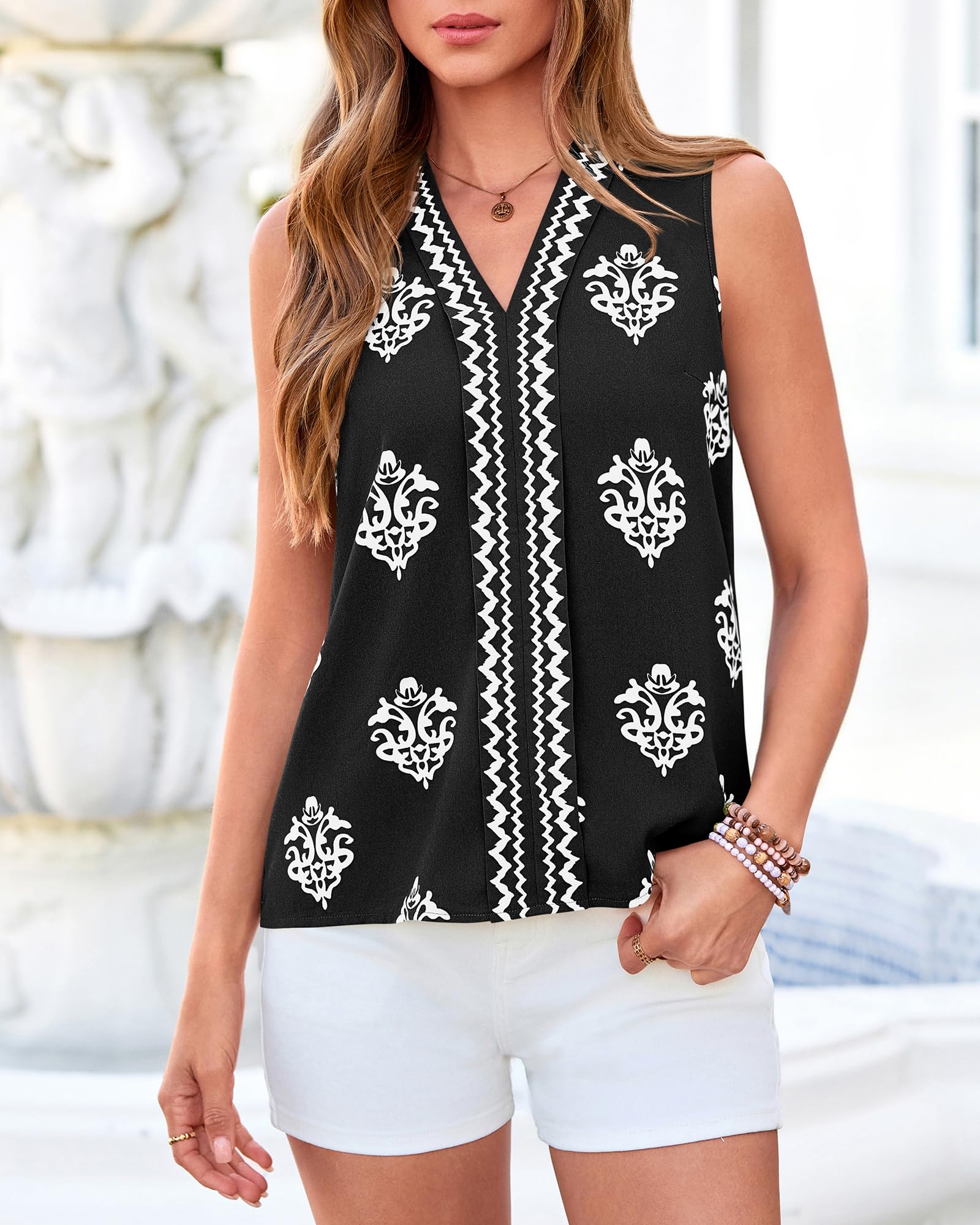 BTFBM Womens Tank Tops Floral Printed V Neck Sleeveless Spring Business Work Dressy Casual Shirts Chiffon Blouses