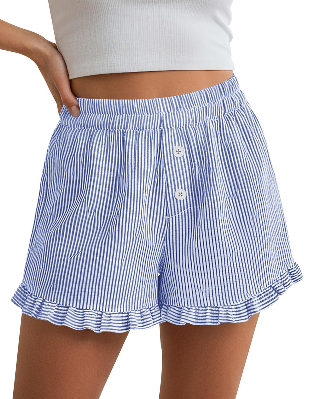 PRETTYGARDEN Womens Boxer Shorts Y2K Ruffle Pajama Summer Spring Lounge Sleep Striped Casual Beach Pj Bottoms Pockets