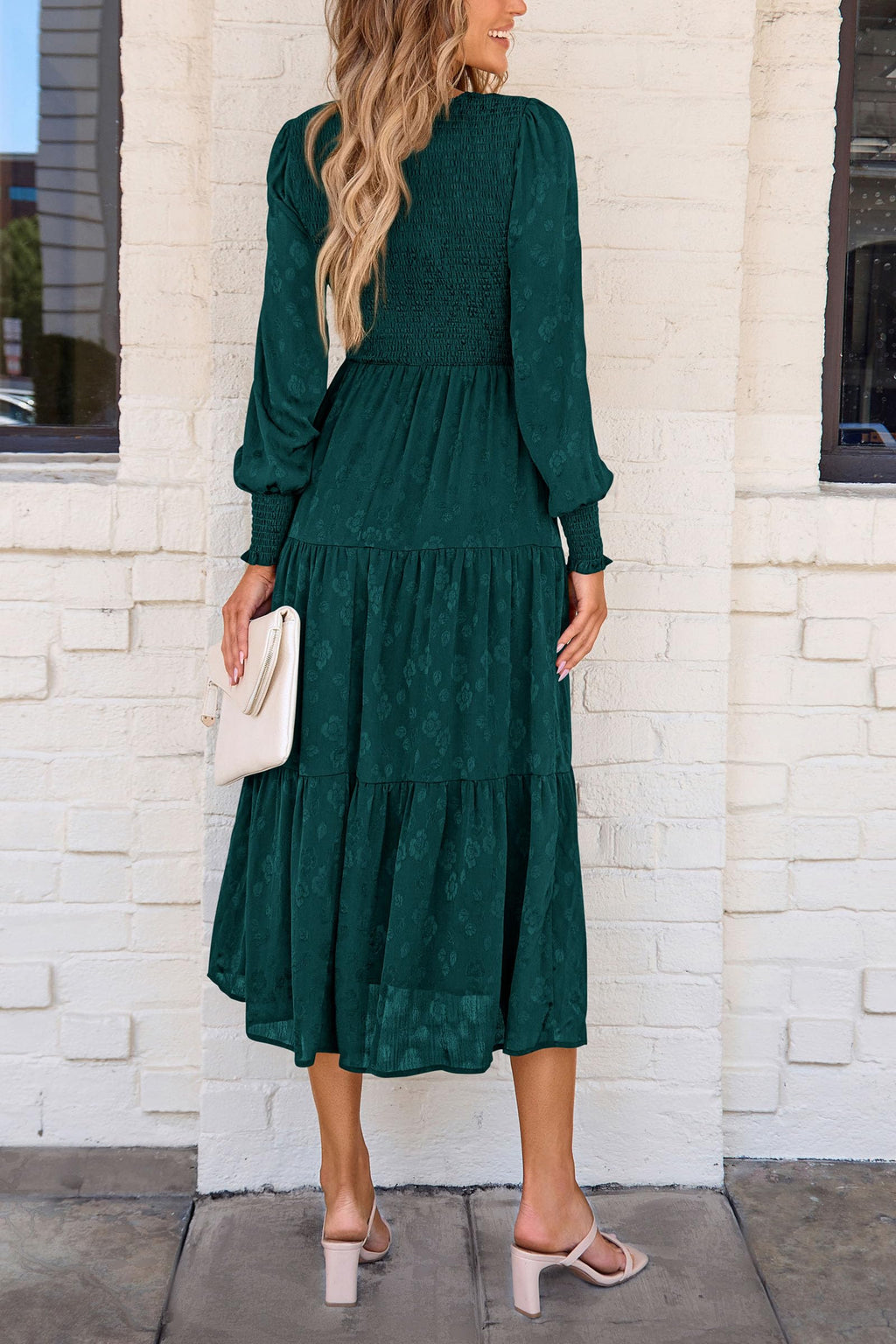 PRETTYGARDEN Women's Fall Spring Midi Dress Long Sleeve Floral Smocked Elegant Wedding Guest Long Flowy Dresses with Pockets