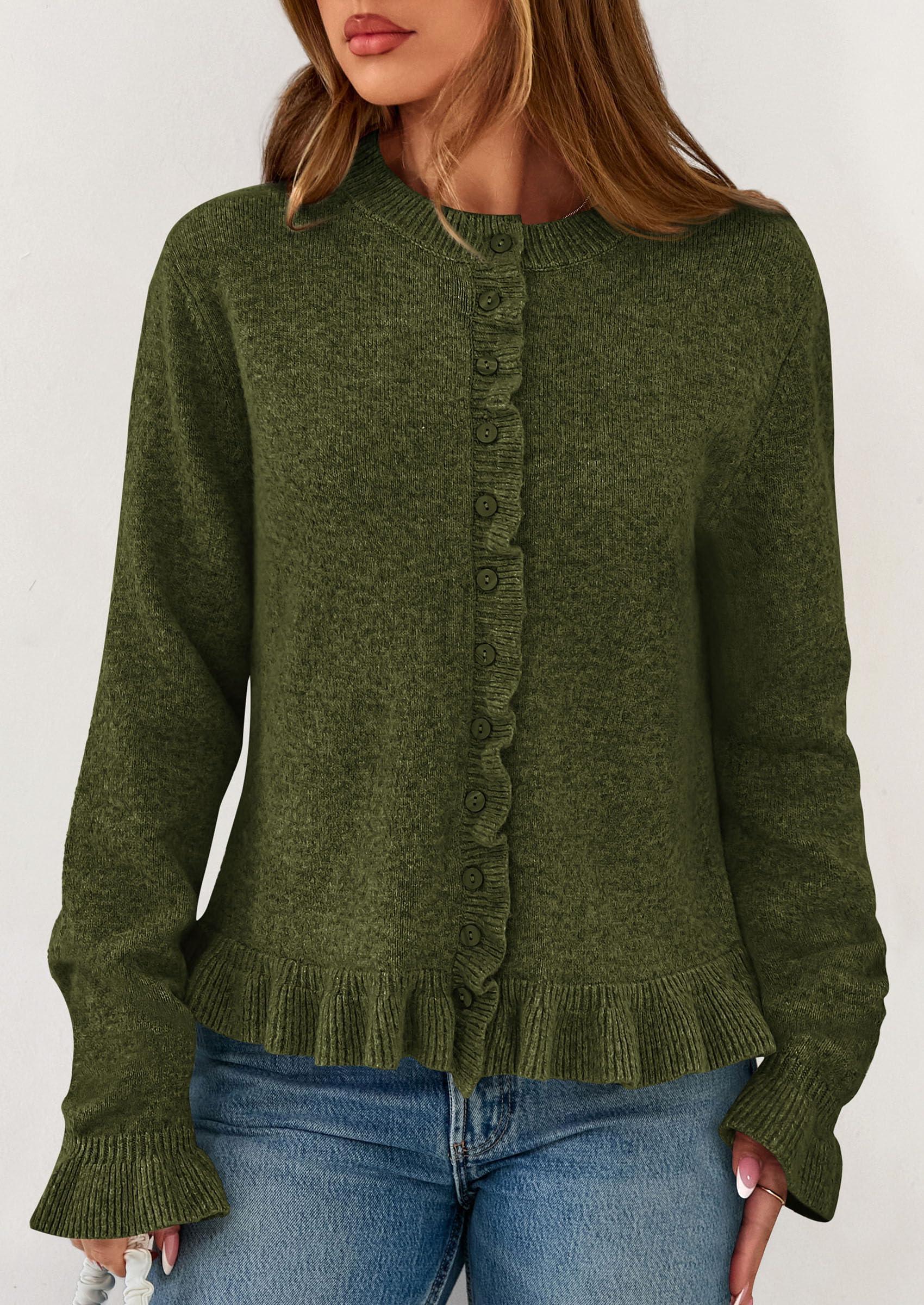 PRETTYGARDEN Womens Fall Button Down Cardigans Chunky Knit Ruffle Open Front Cropped Cardigan Sweaters Soft Long Sleeve Tops