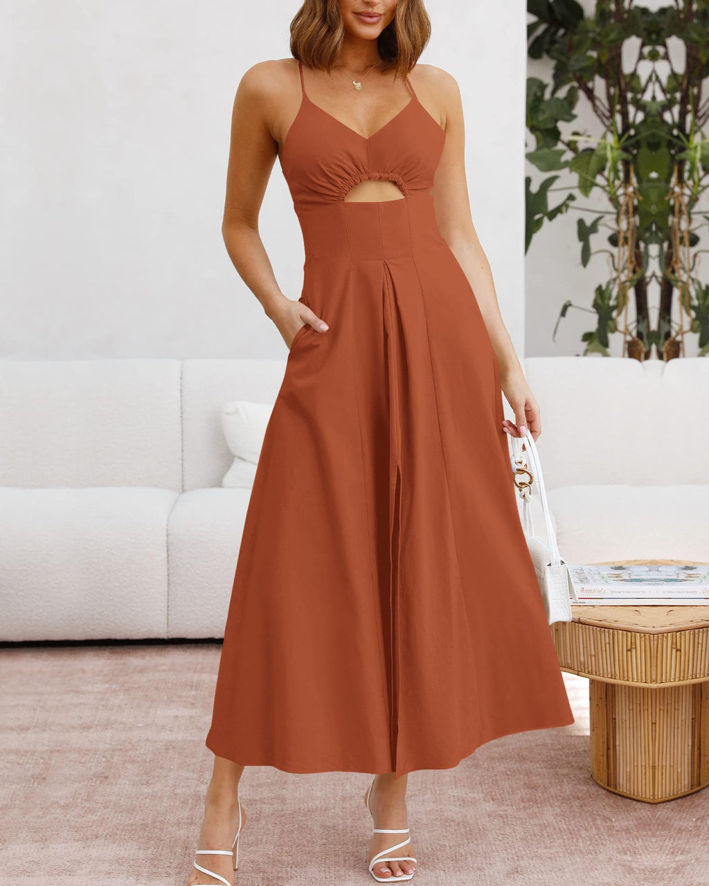 BTFBM Women Spaghetti Strap Midi Summer Dresses Sleeveless V Neck Cutout Slit Casual Beach Party Maxi Dress Pockets