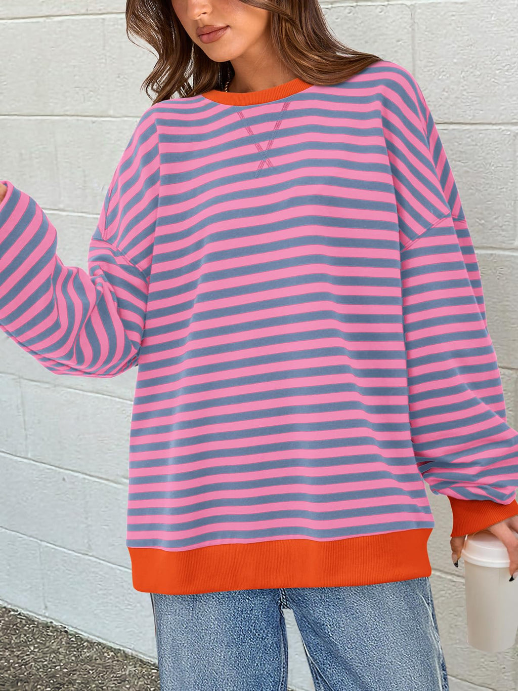 PRETTYGARDEN Womens Striped Oversized Sweatshirt Color Block Crew Neck Long Sleeve Casual Loose Pullover Top Y2K Clothes